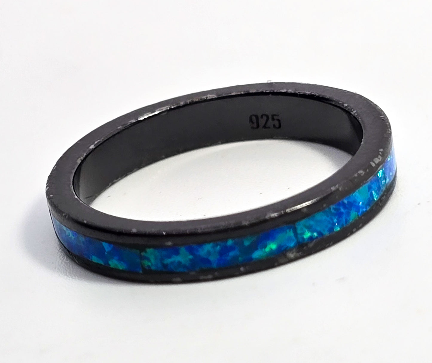 Blue fire opal Black Rhodium sterling silver inlay ring band size 6