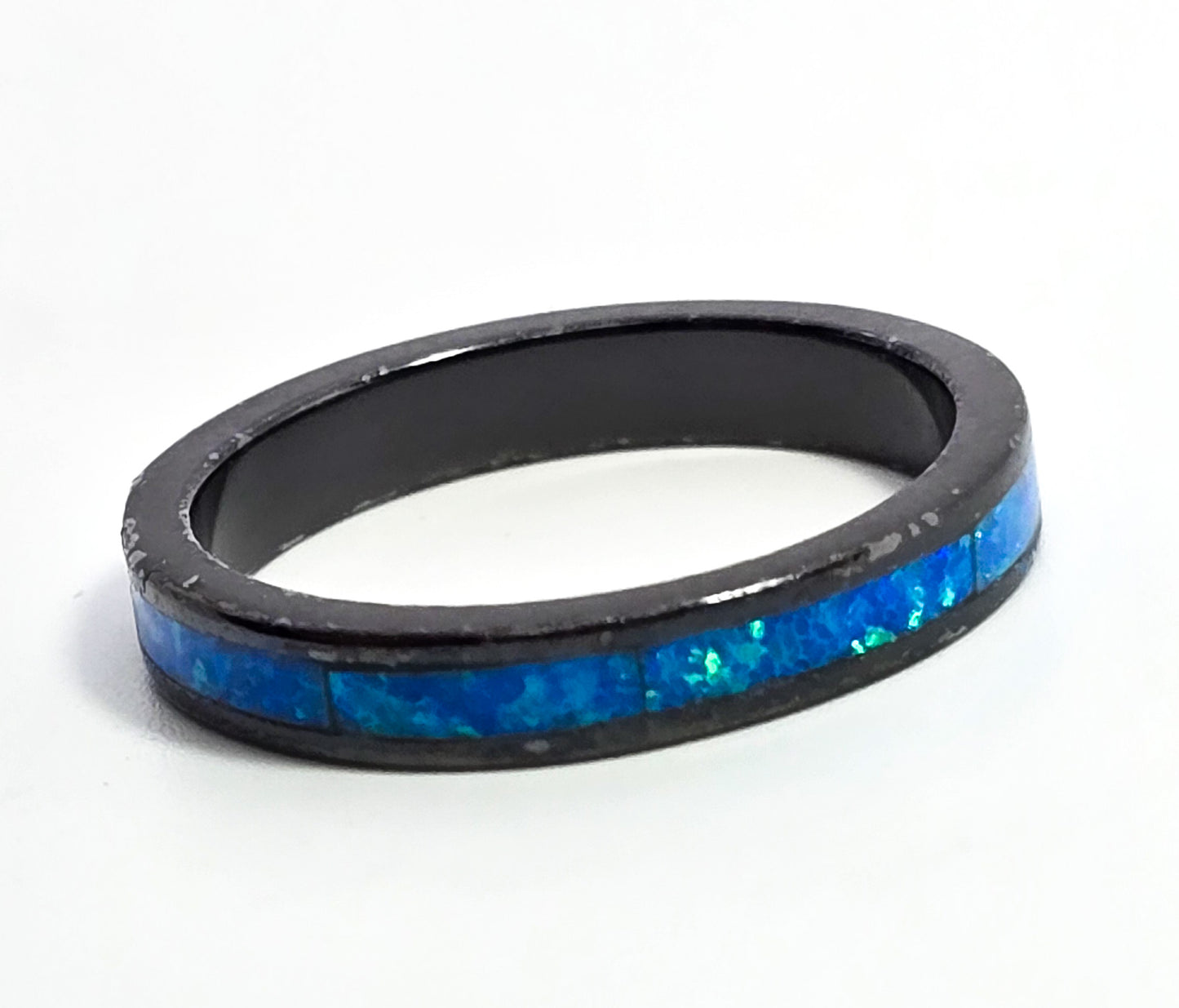 Blue fire opal Black Rhodium sterling silver inlay ring band size 6