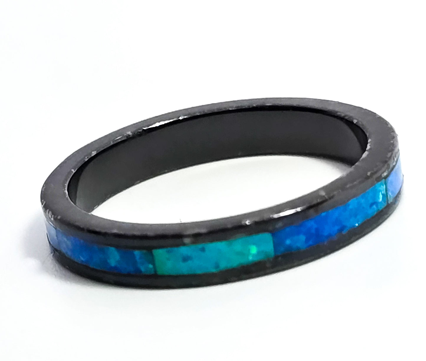 Blue fire opal Black Rhodium sterling silver inlay ring band size 6