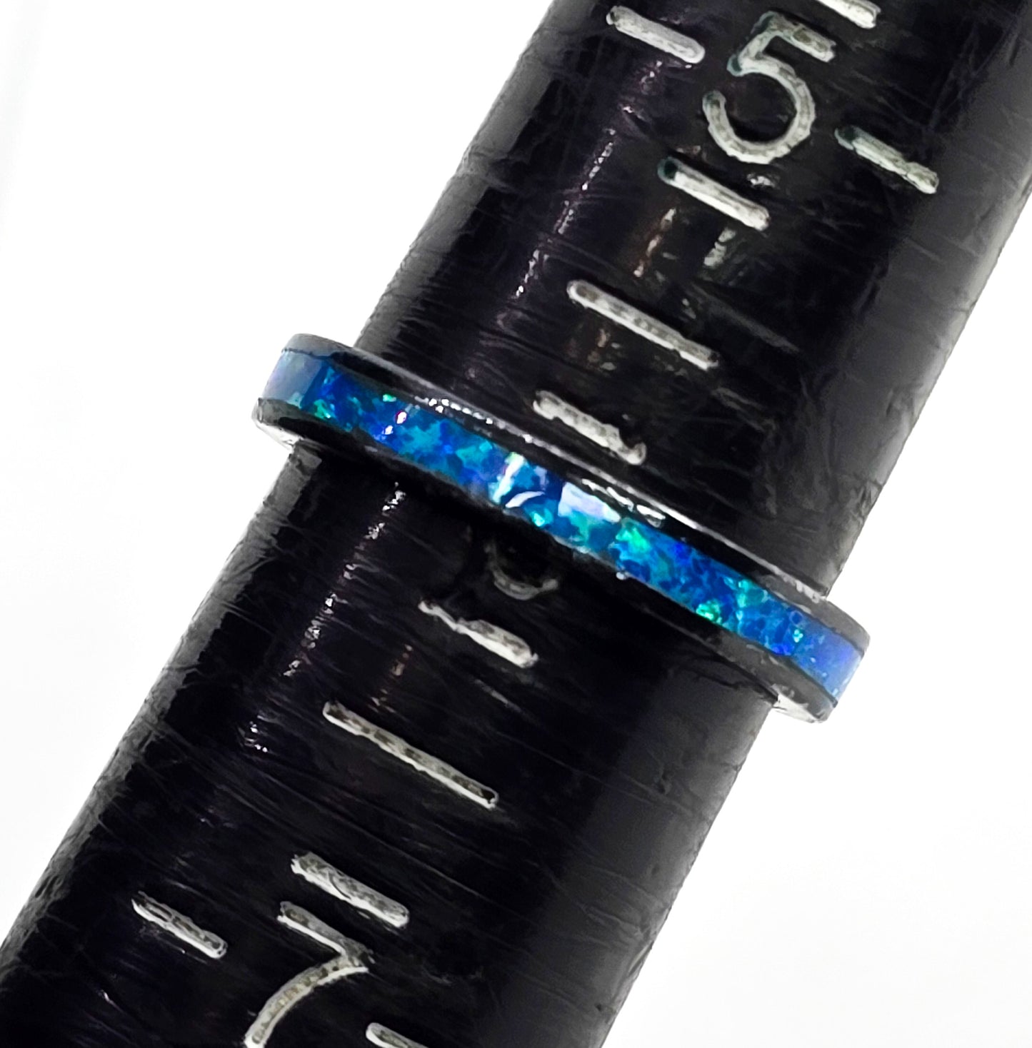Blue fire opal Black Rhodium sterling silver inlay ring band size 6