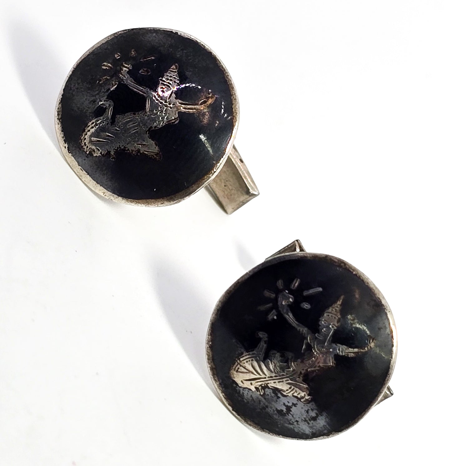 Siam Neillioware black enamel Mekkala goddess vintage sterling silver cufflinks