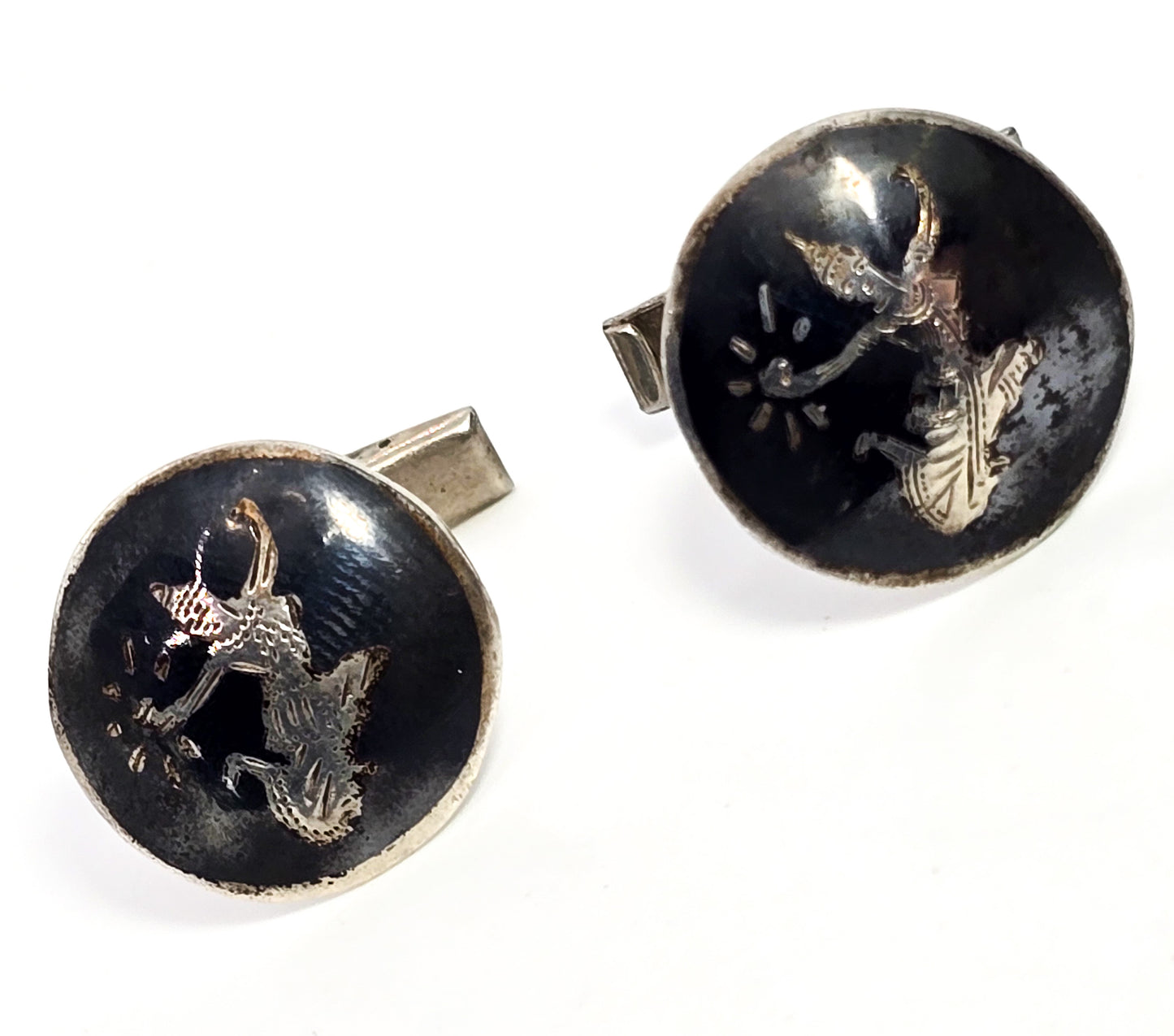 Siam Neillioware black enamel Mekkala goddess vintage sterling silver cufflinks