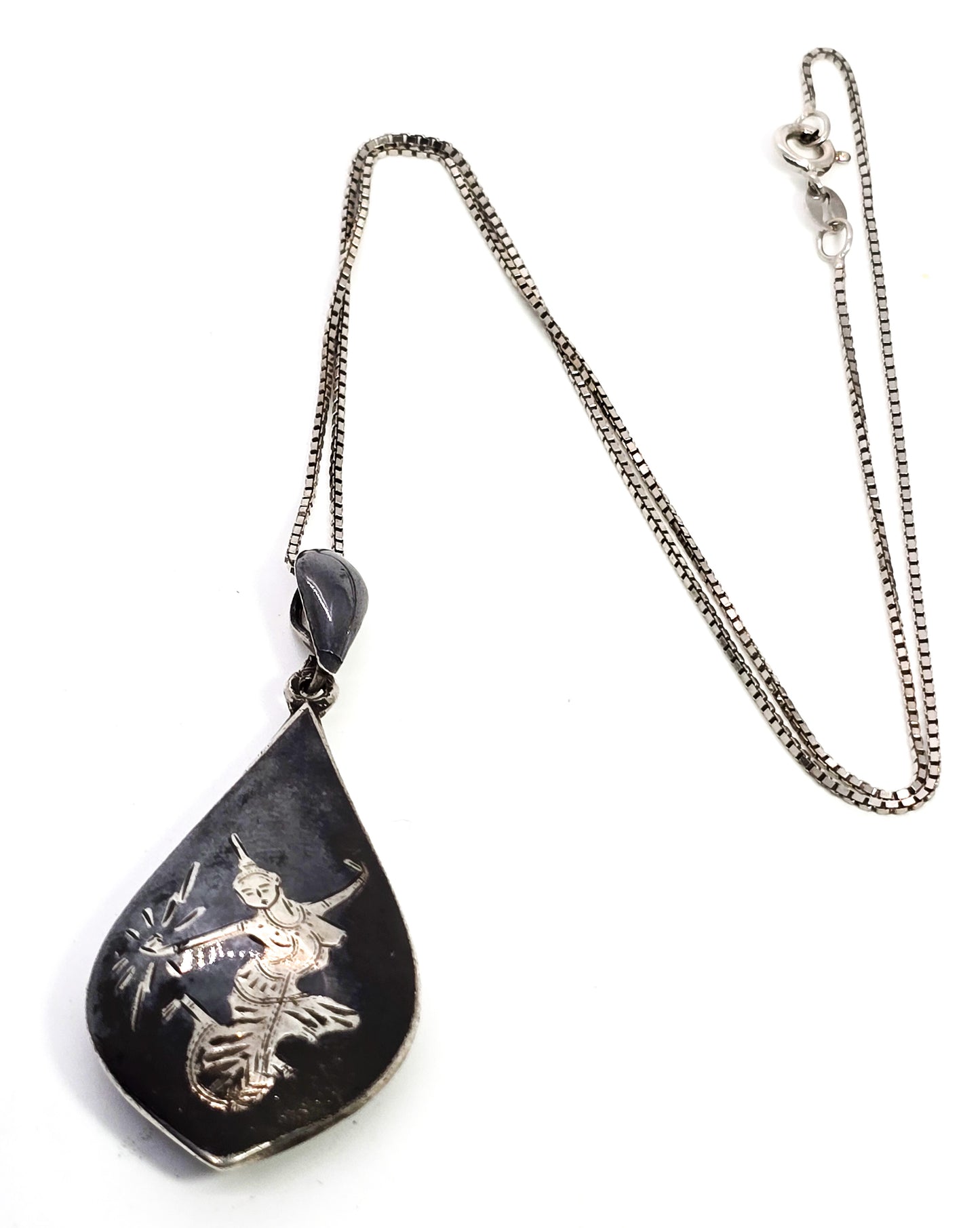 Siam Nielloware black enamel Mekkala goddess vintage sterling silver necklace
