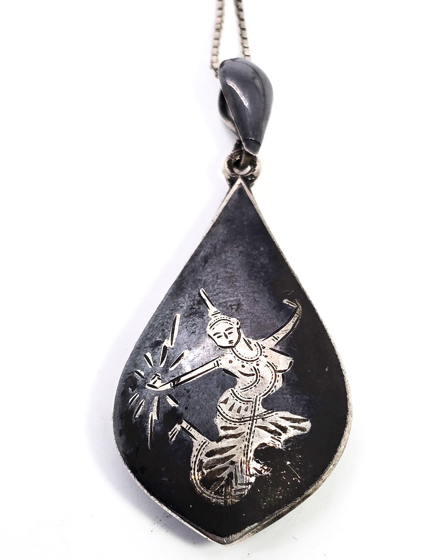 Siam Nielloware black enamel Mekkala goddess vintage sterling silver necklace