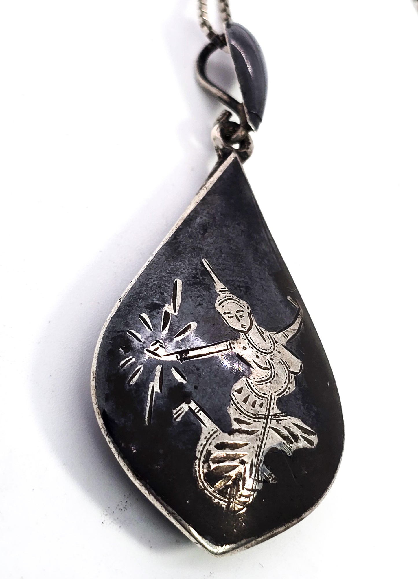 Siam Nielloware black enamel Mekkala goddess vintage sterling silver necklace