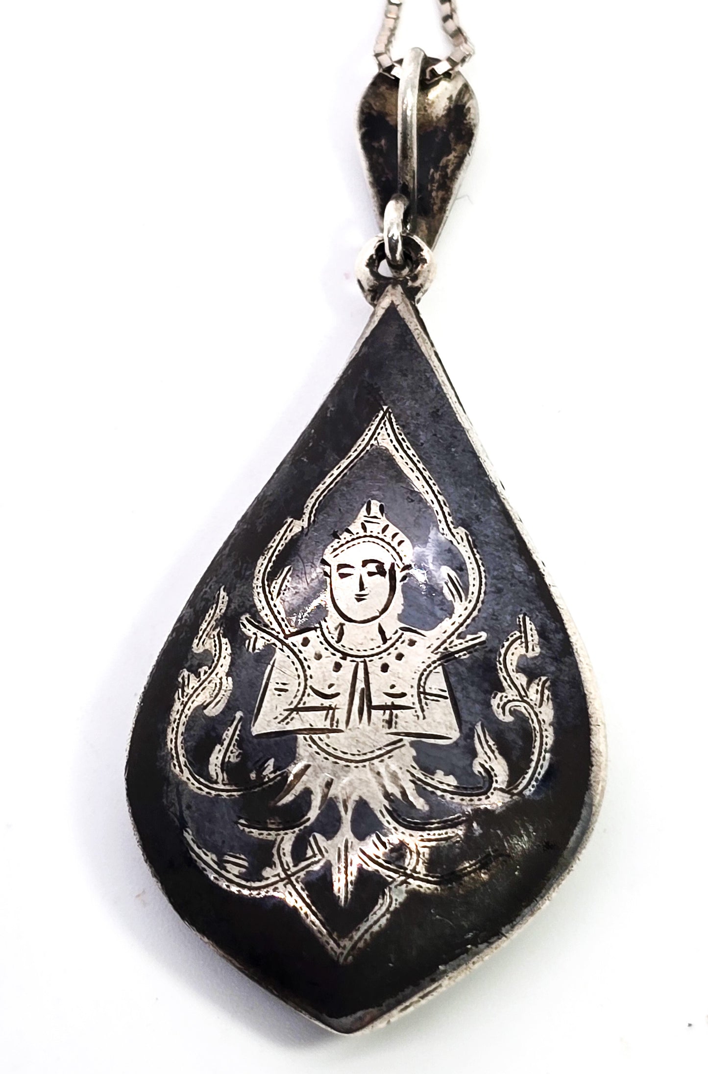 Siam Nielloware black enamel Mekkala goddess vintage sterling silver necklace