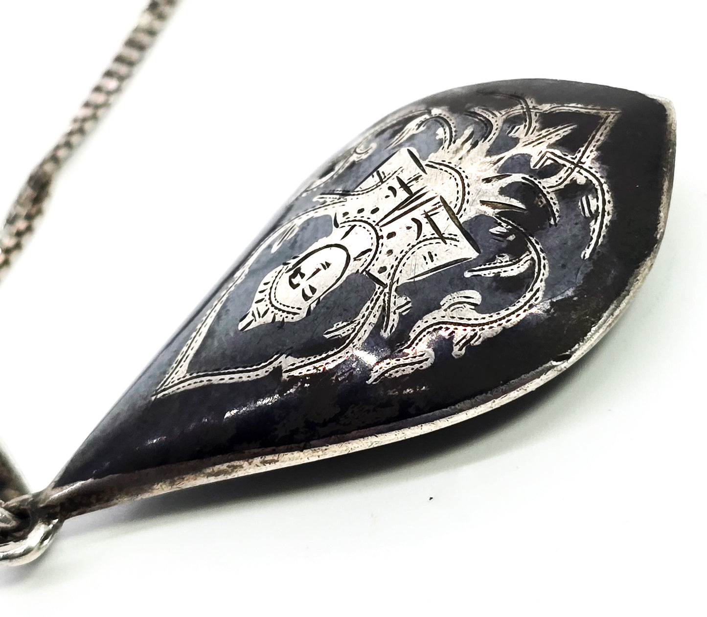 Siam Nielloware black enamel Mekkala goddess vintage sterling silver necklace