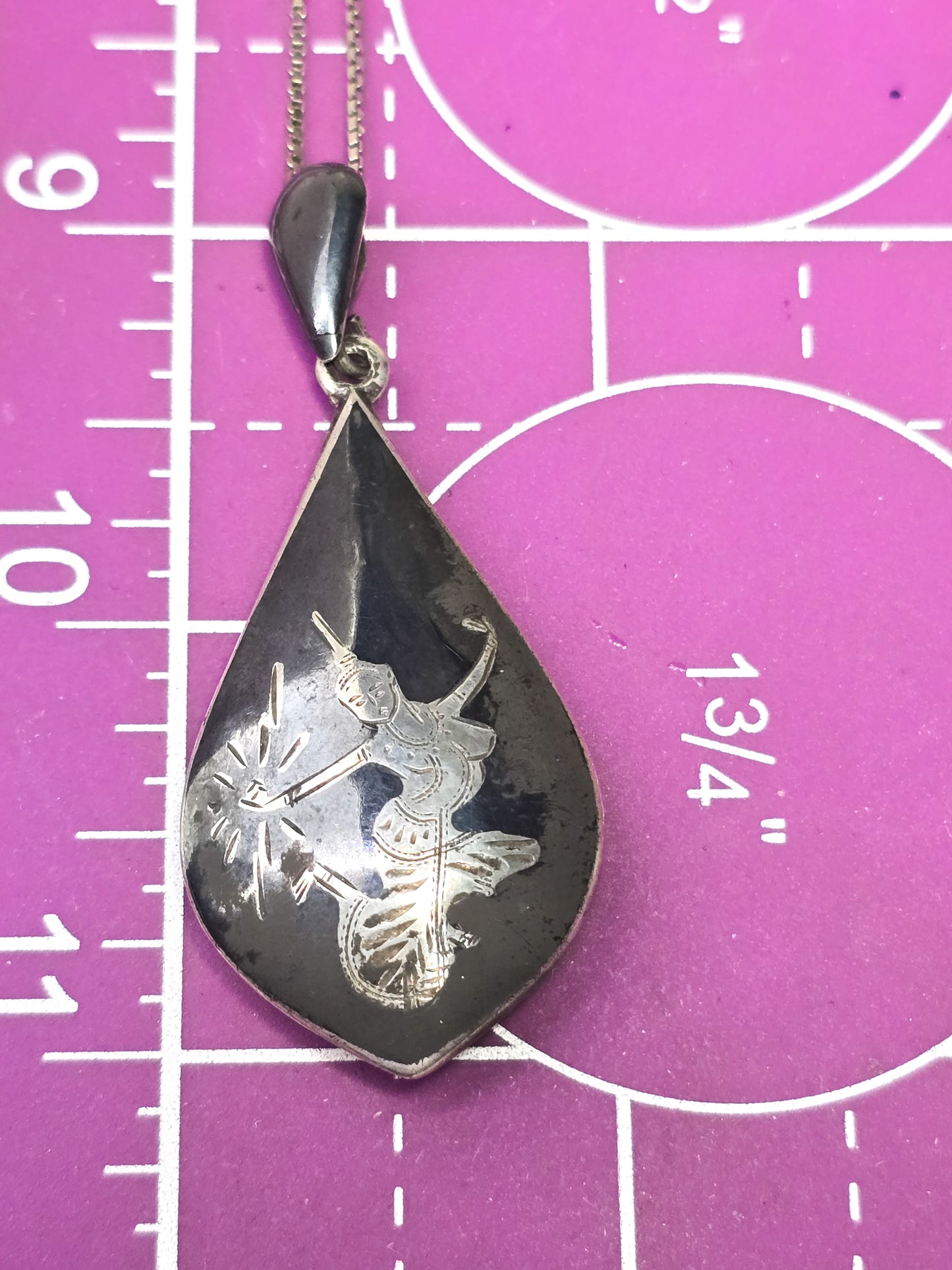 Siam Nielloware black enamel Mekkala goddess vintage sterling silver necklace