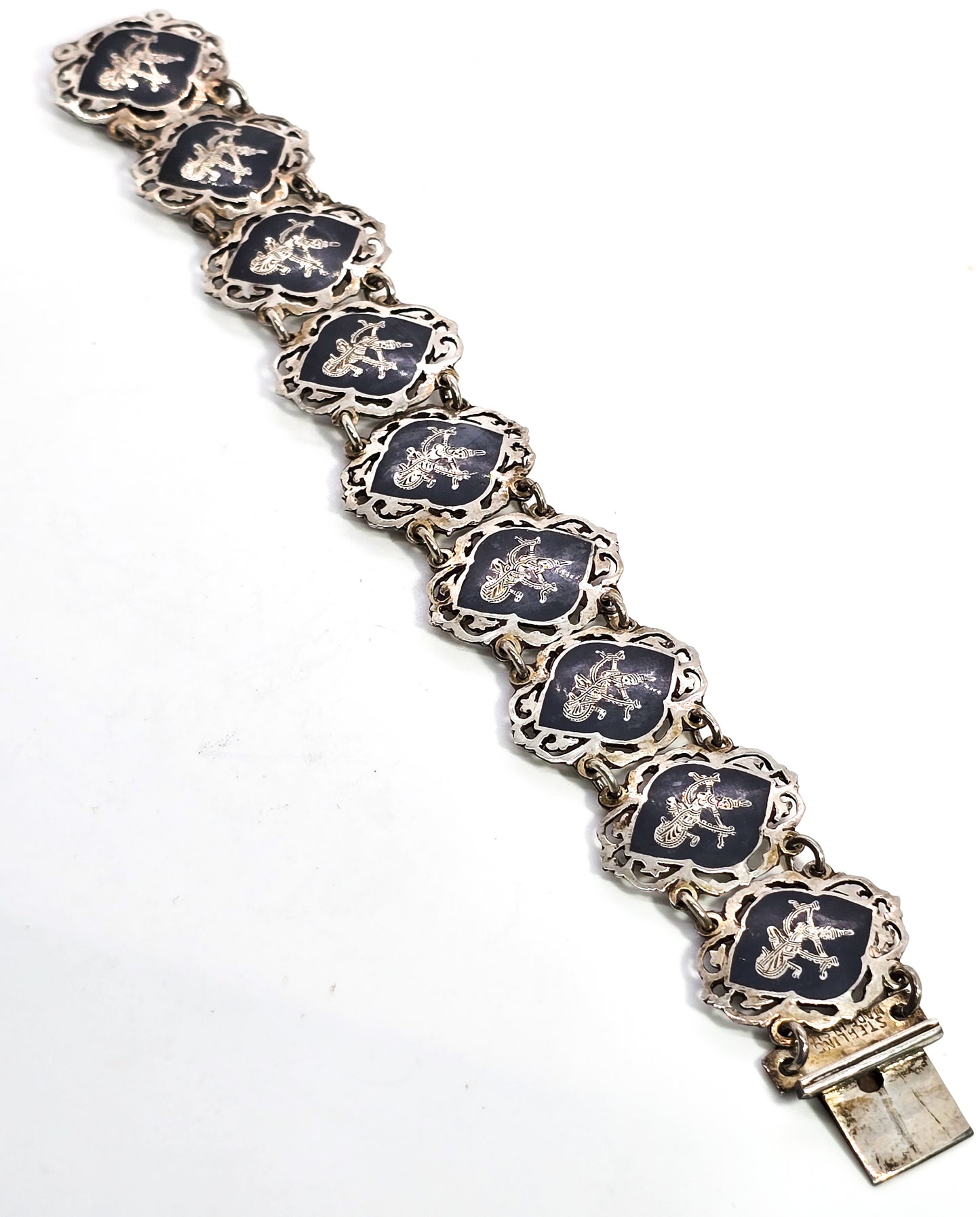 AmFarco Siam black nielloware vintage signed sterling silver panel tennis bracelet