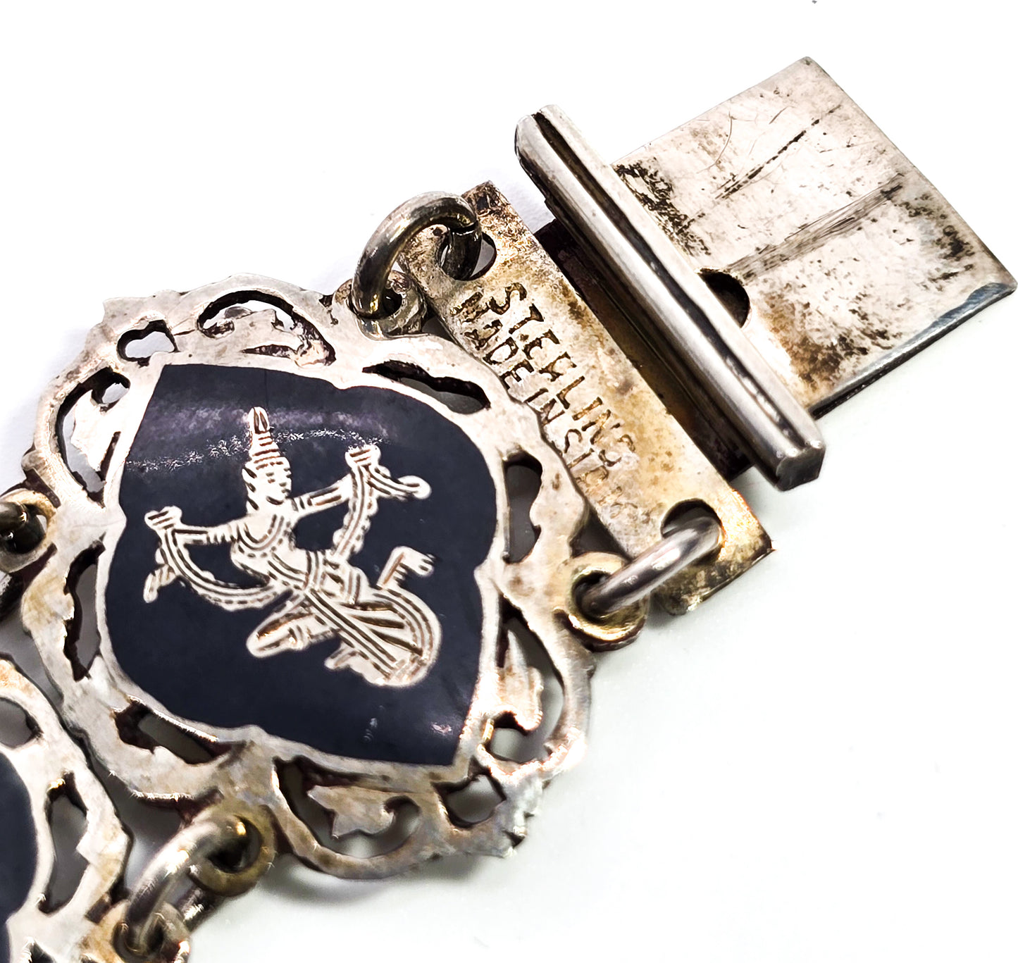 AmFarco Siam black nielloware vintage signed sterling silver panel tennis bracelet