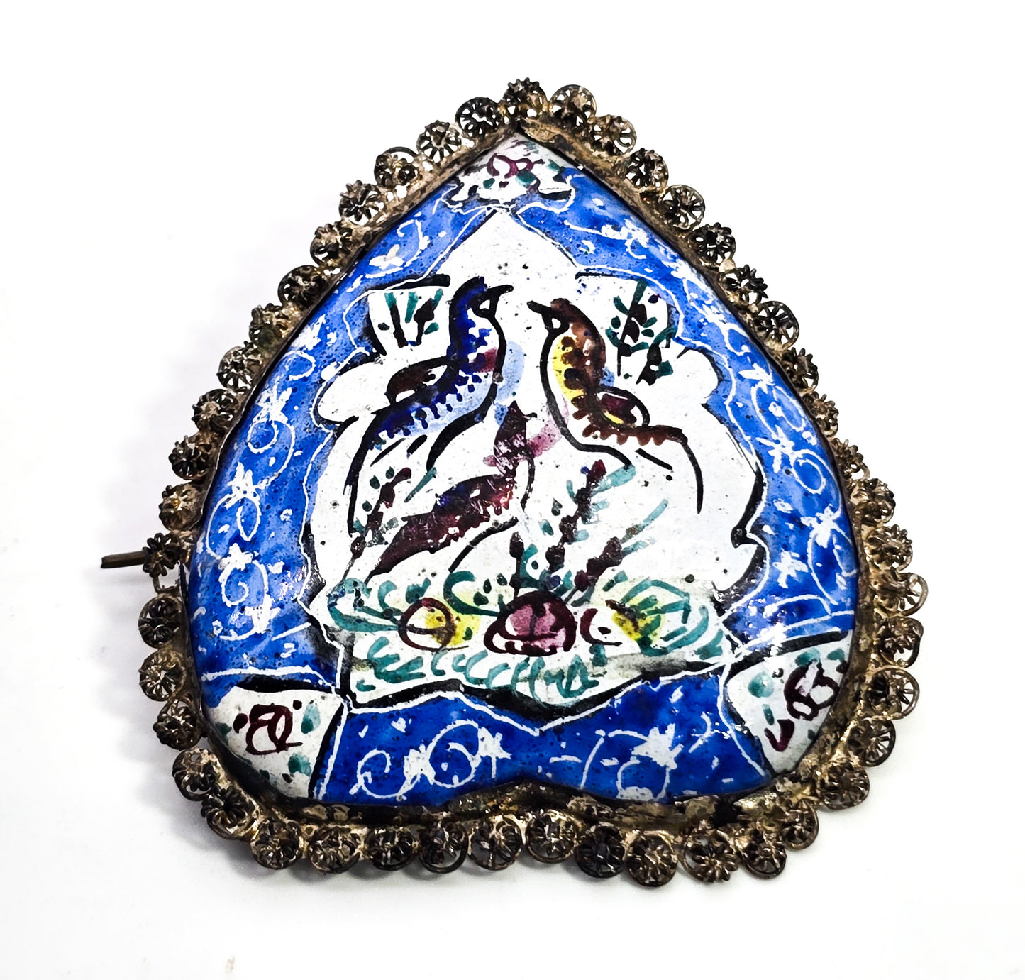 Persian antique enamel bird blue heart hand painted sterling silver brooch