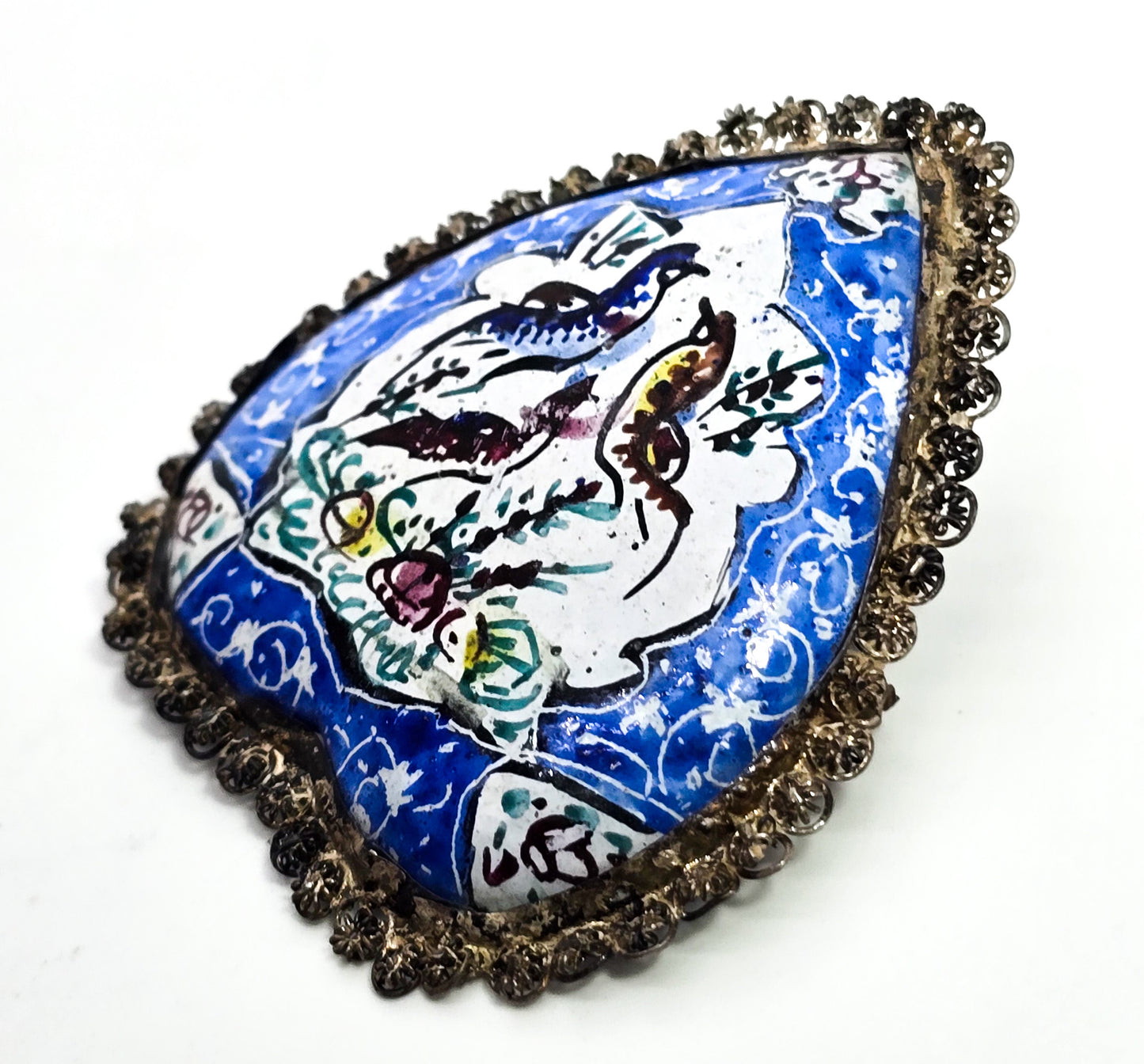 Persian antique enamel bird blue heart hand painted sterling silver brooch