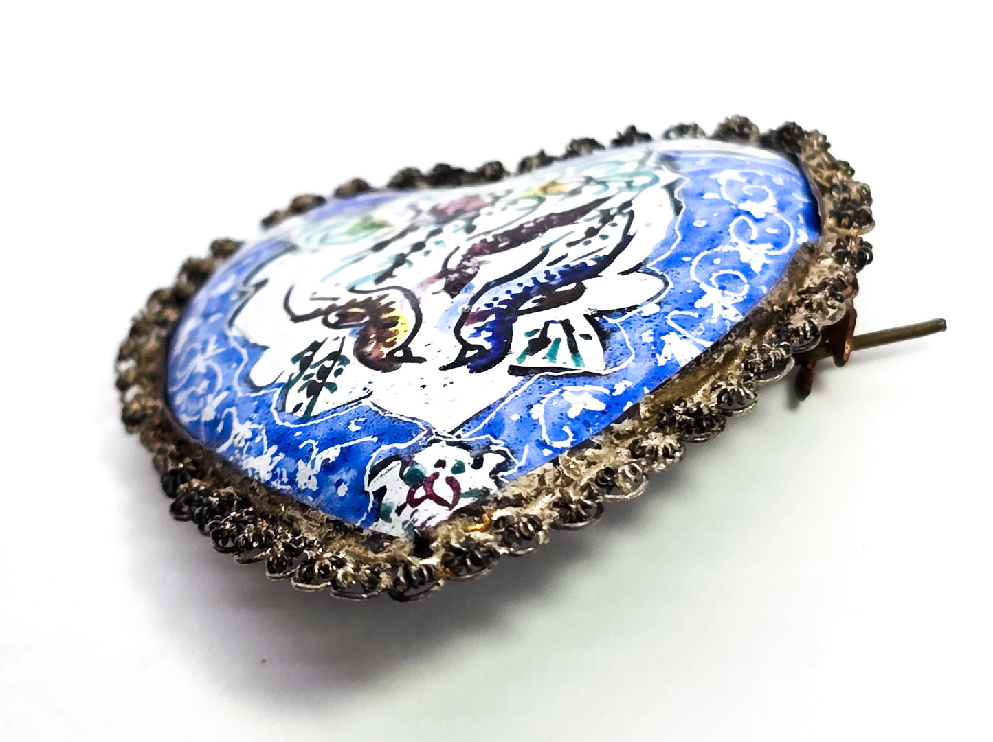 Persian antique enamel bird blue heart hand painted sterling silver brooch