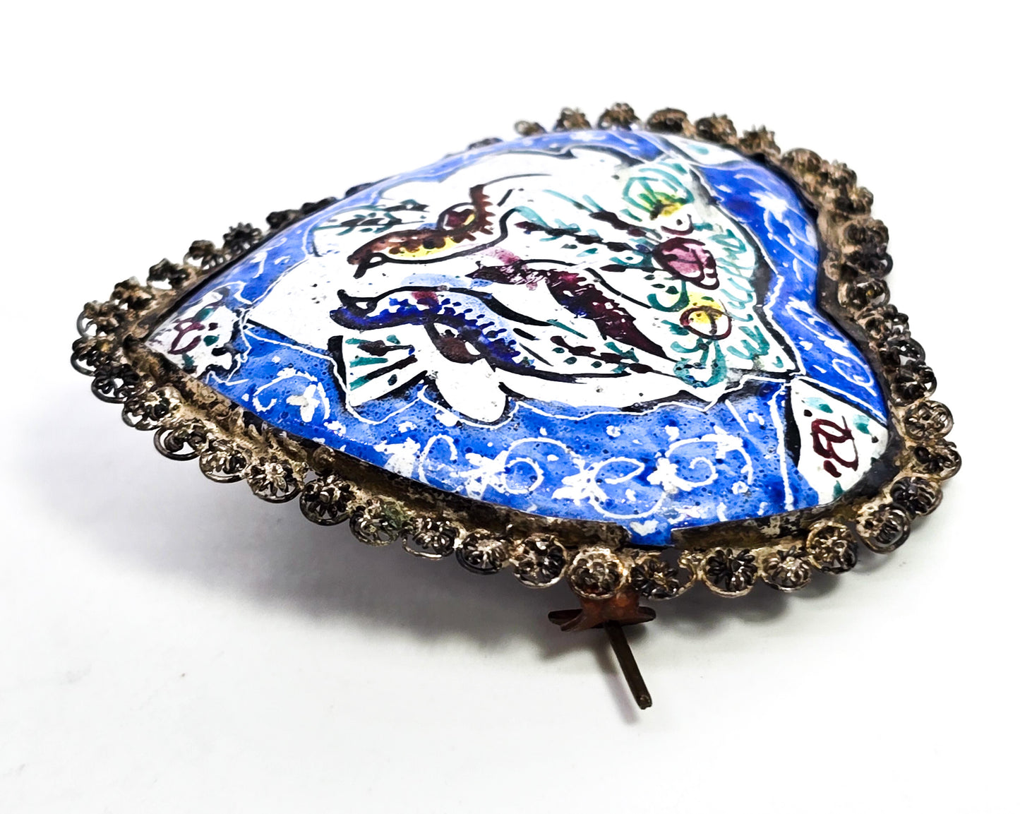 Persian antique enamel bird blue heart hand painted sterling silver brooch