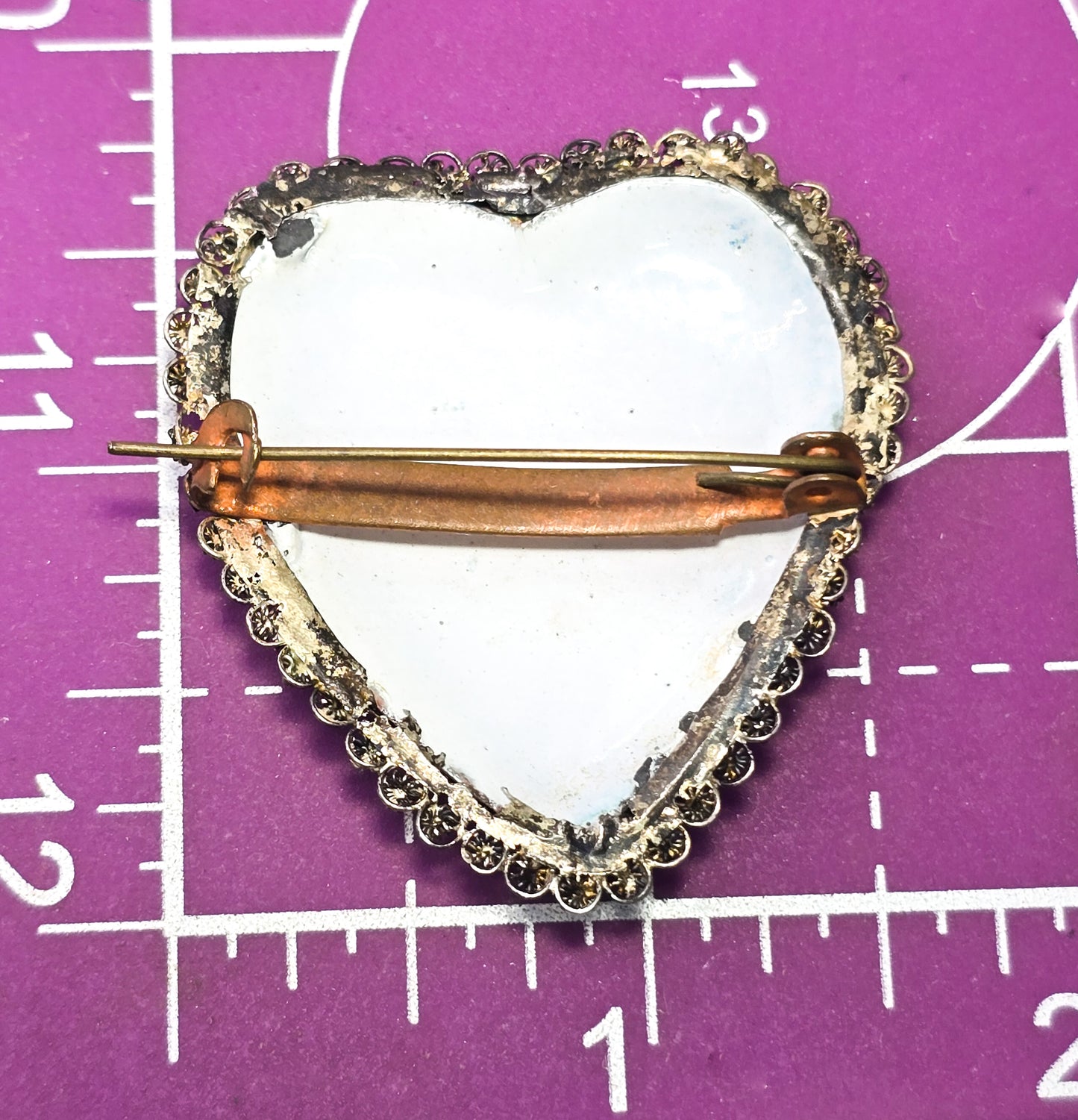 Persian antique enamel bird blue heart hand painted sterling silver brooch