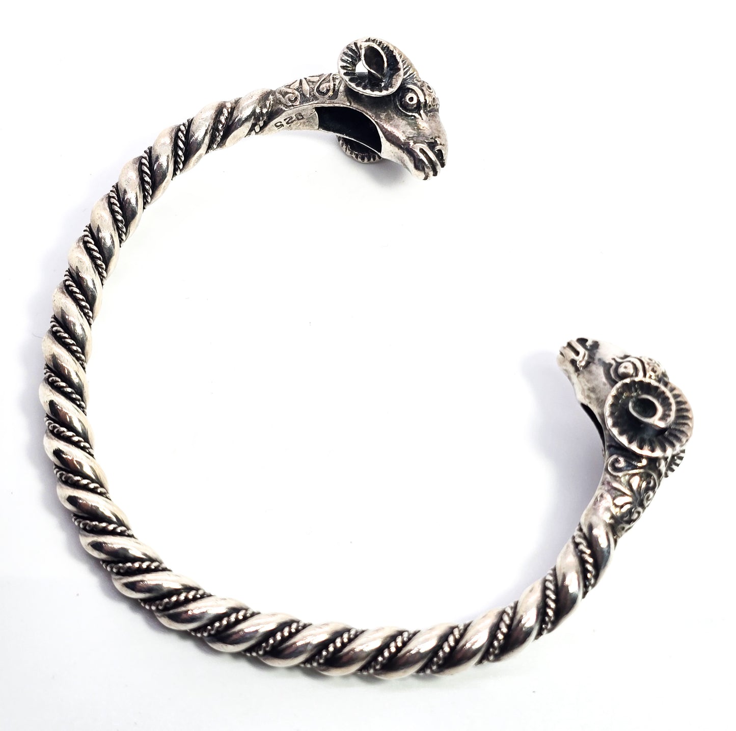 Double Rams head Greek detailed vintage signed solid sterling silver bangle bracelet