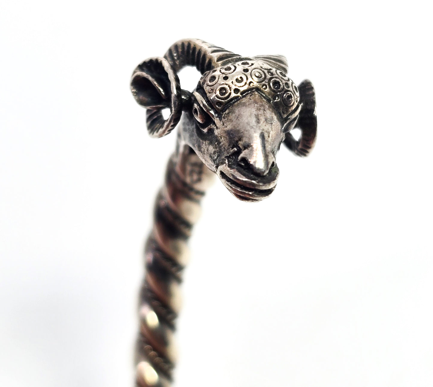Double Rams head Greek detailed vintage signed solid sterling silver bangle bracelet