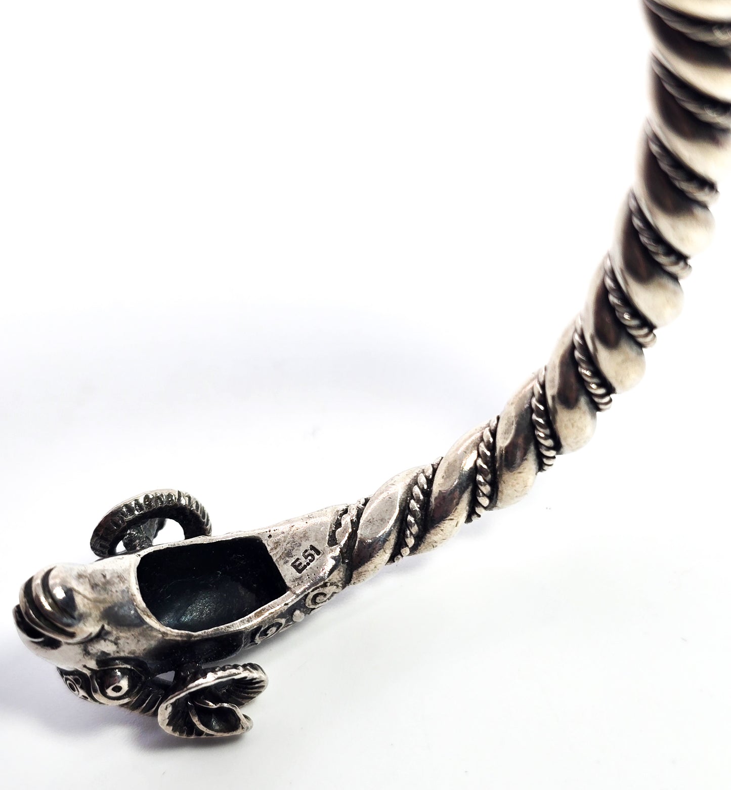 Double Rams head Greek detailed vintage signed solid sterling silver bangle bracelet