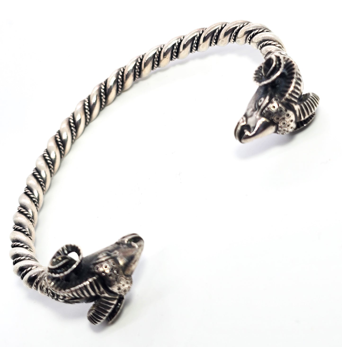Double Rams head Greek detailed vintage signed solid sterling silver bangle bracelet