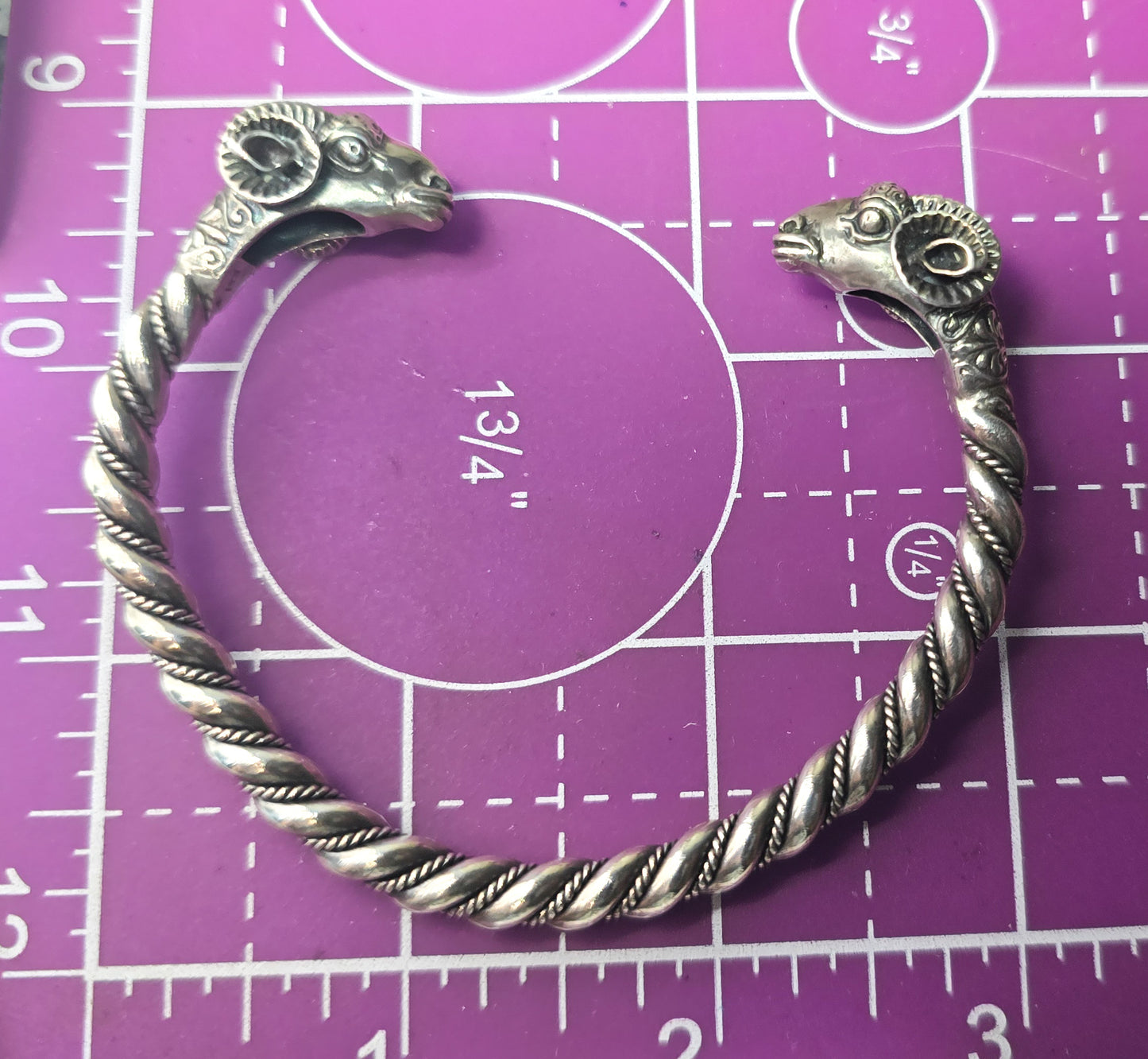 Double Rams head Greek detailed vintage signed solid sterling silver bangle bracelet
