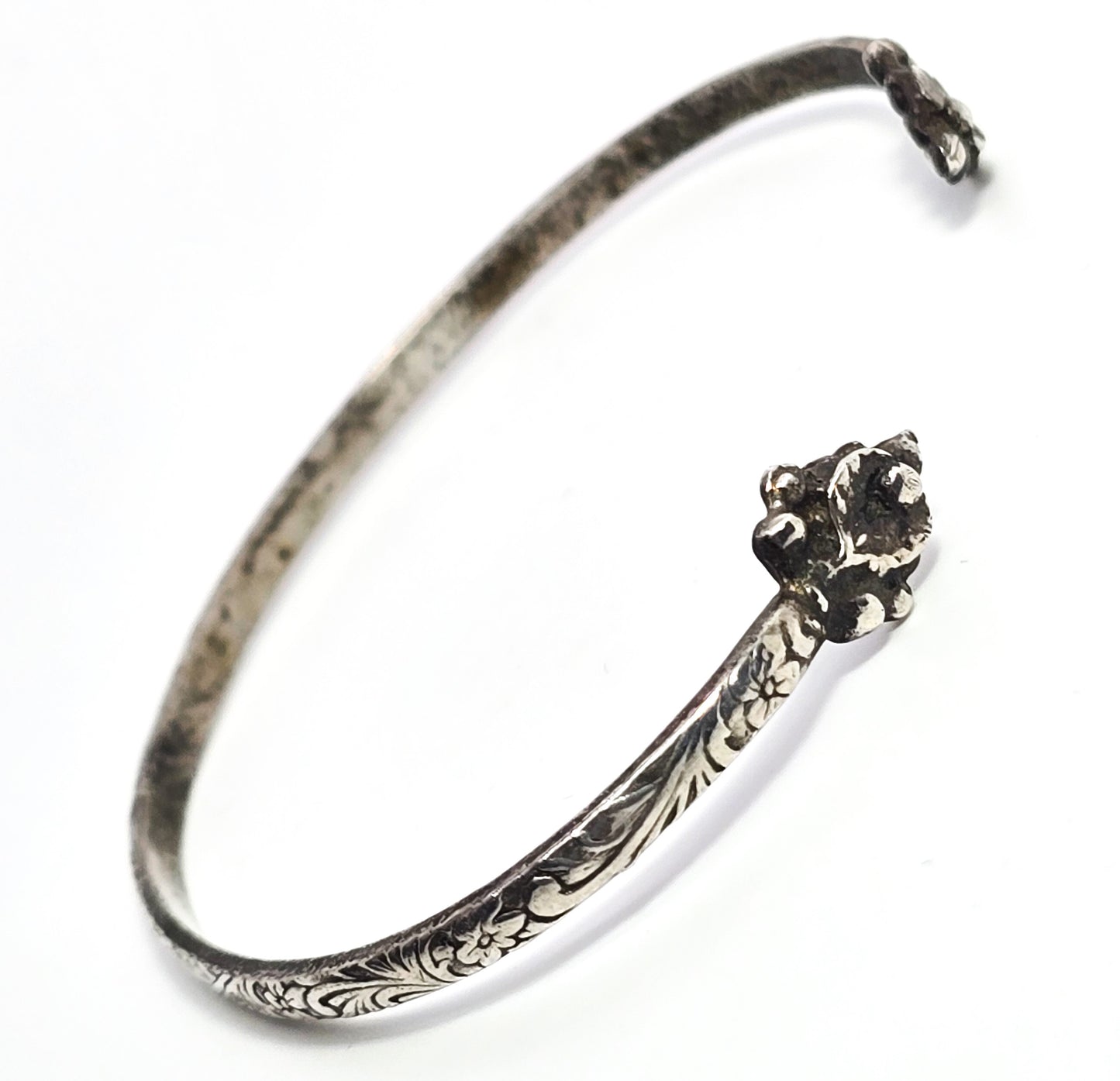 Tribal Bali vintage thin small sterling silver etched bangle 6.5 inch petite child