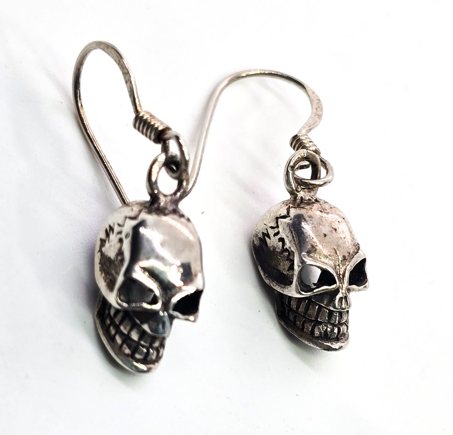 Angry skull detailed Day of the Dead gothic biker sterling silver earrings