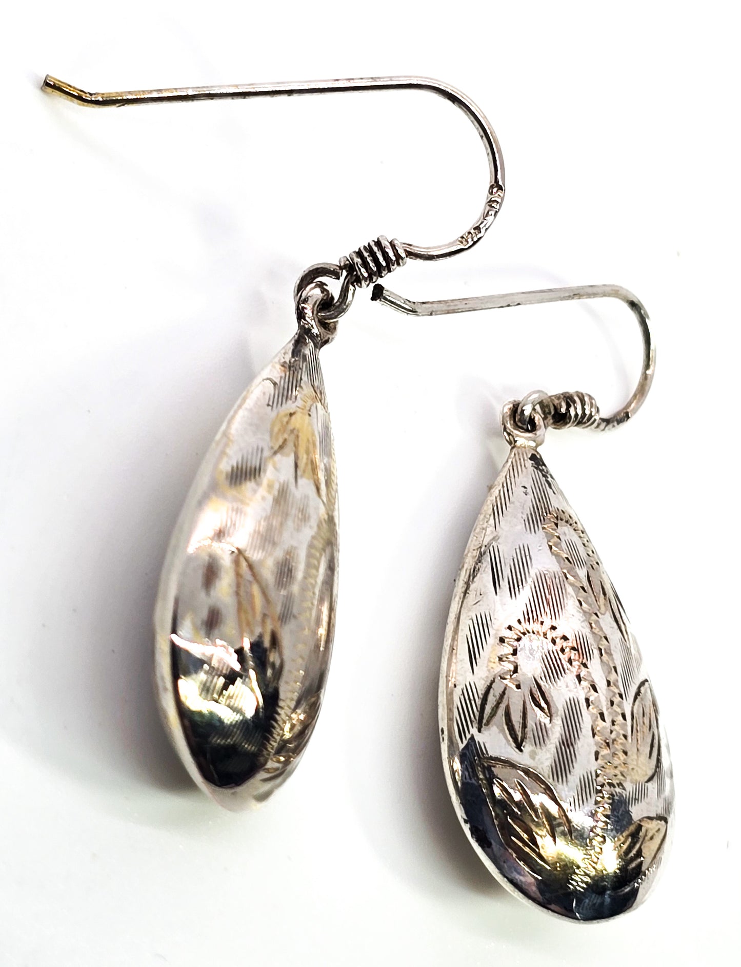 Puffy tear drop silver and gold etched flower vintage drop sterling silver retro earrings