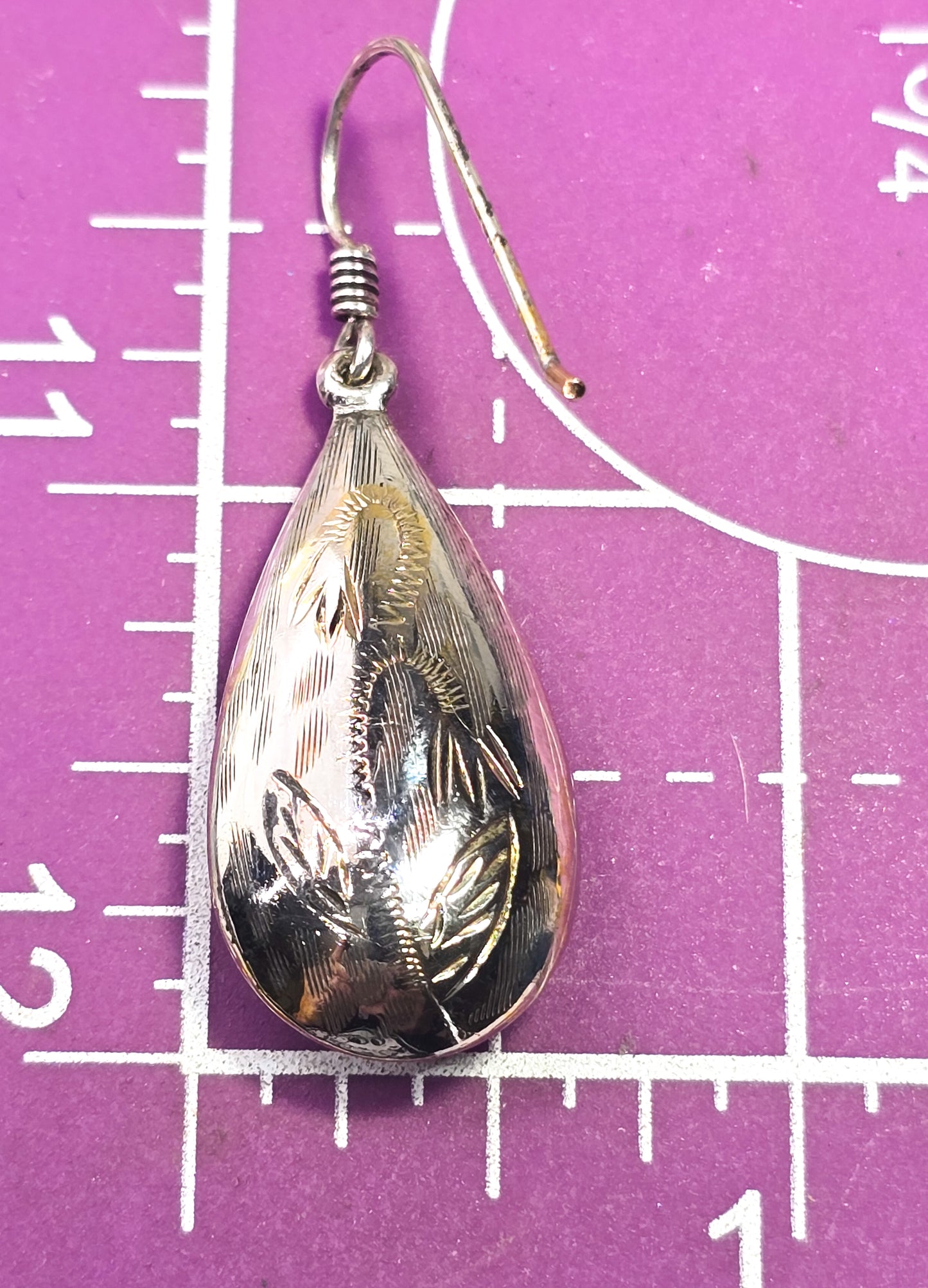 Puffy tear drop silver and gold etched flower vintage drop sterling silver retro earrings