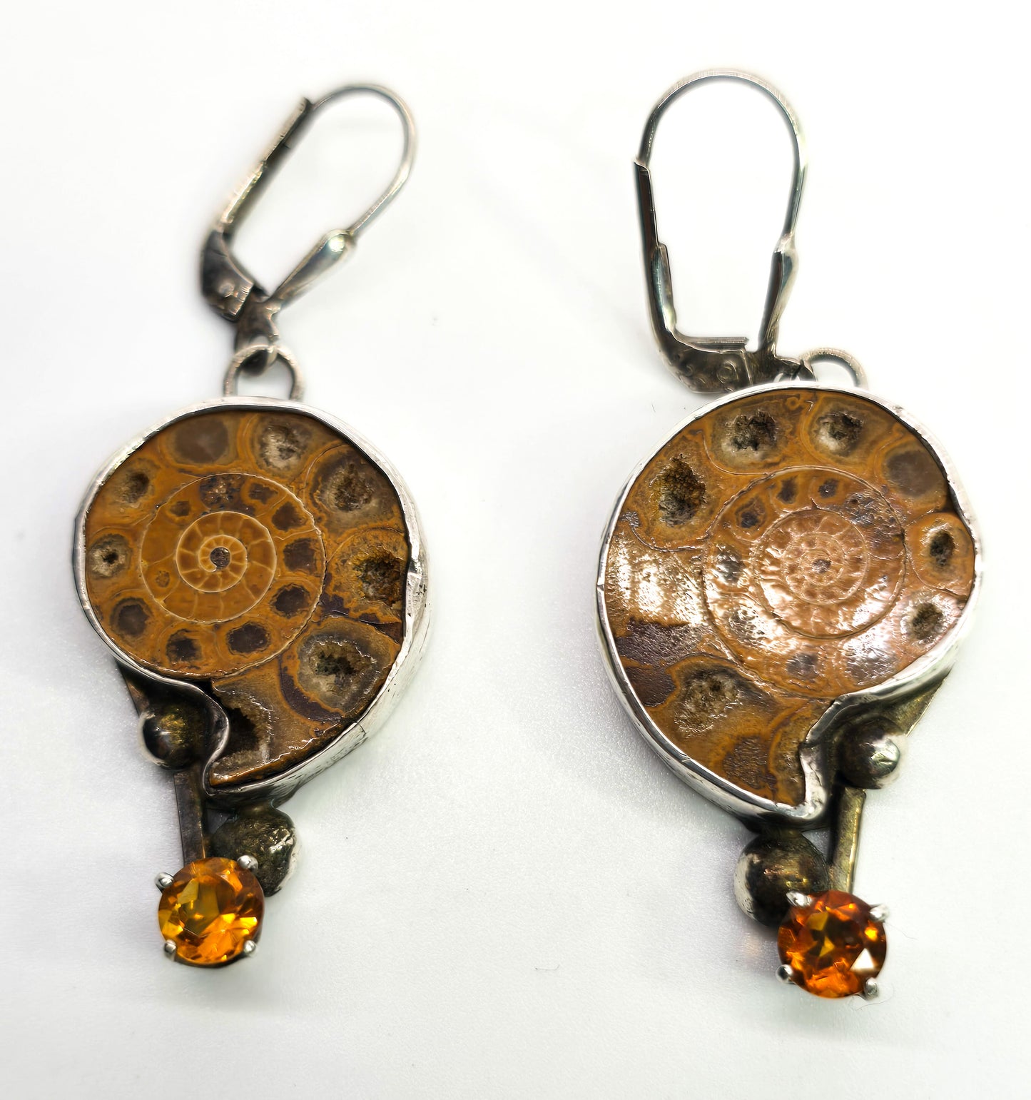 Denise Jenkins Earring Girl signed artisan ammonite orange quartz sterling silver earrings