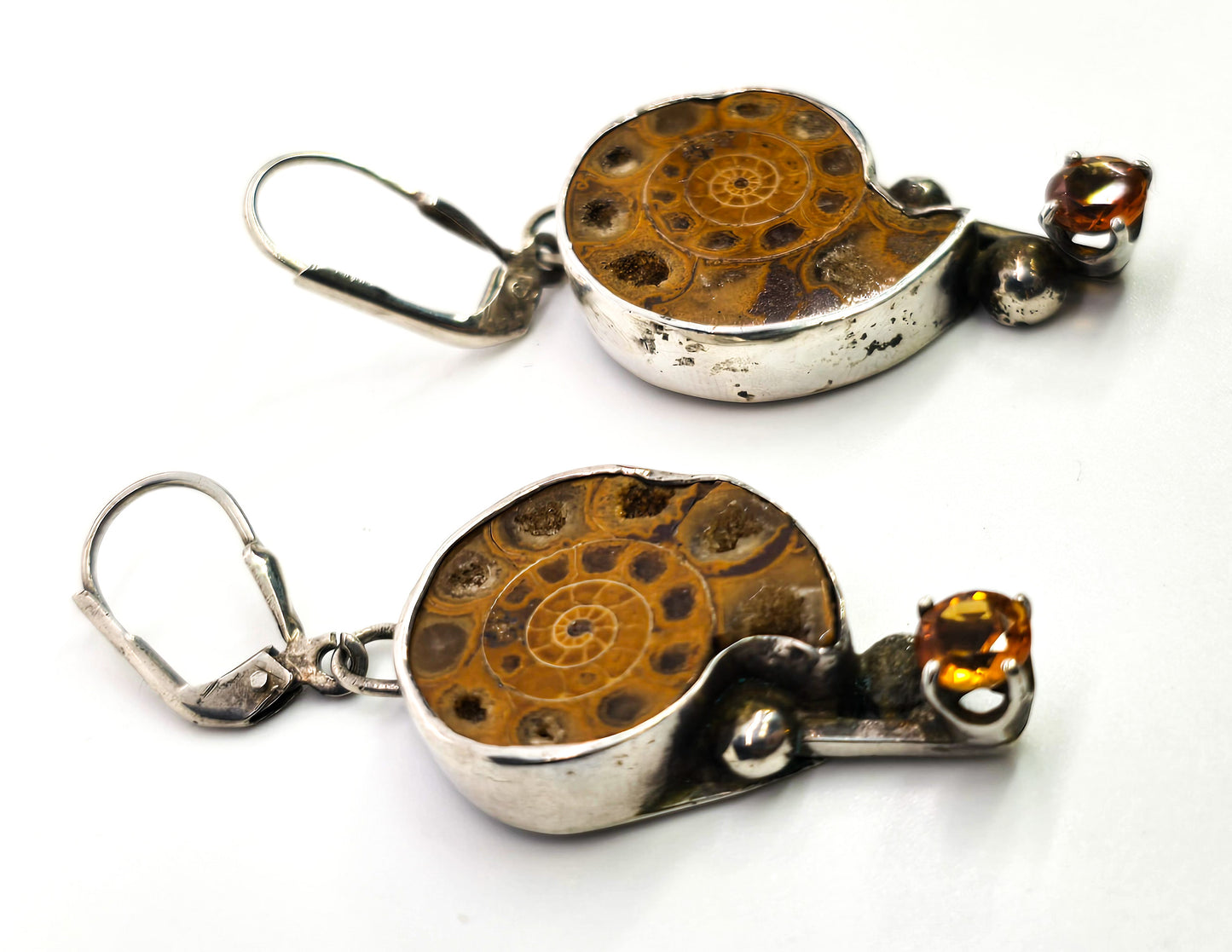 Denise Jenkins Earring Girl signed artisan ammonite orange quartz sterling silver earrings