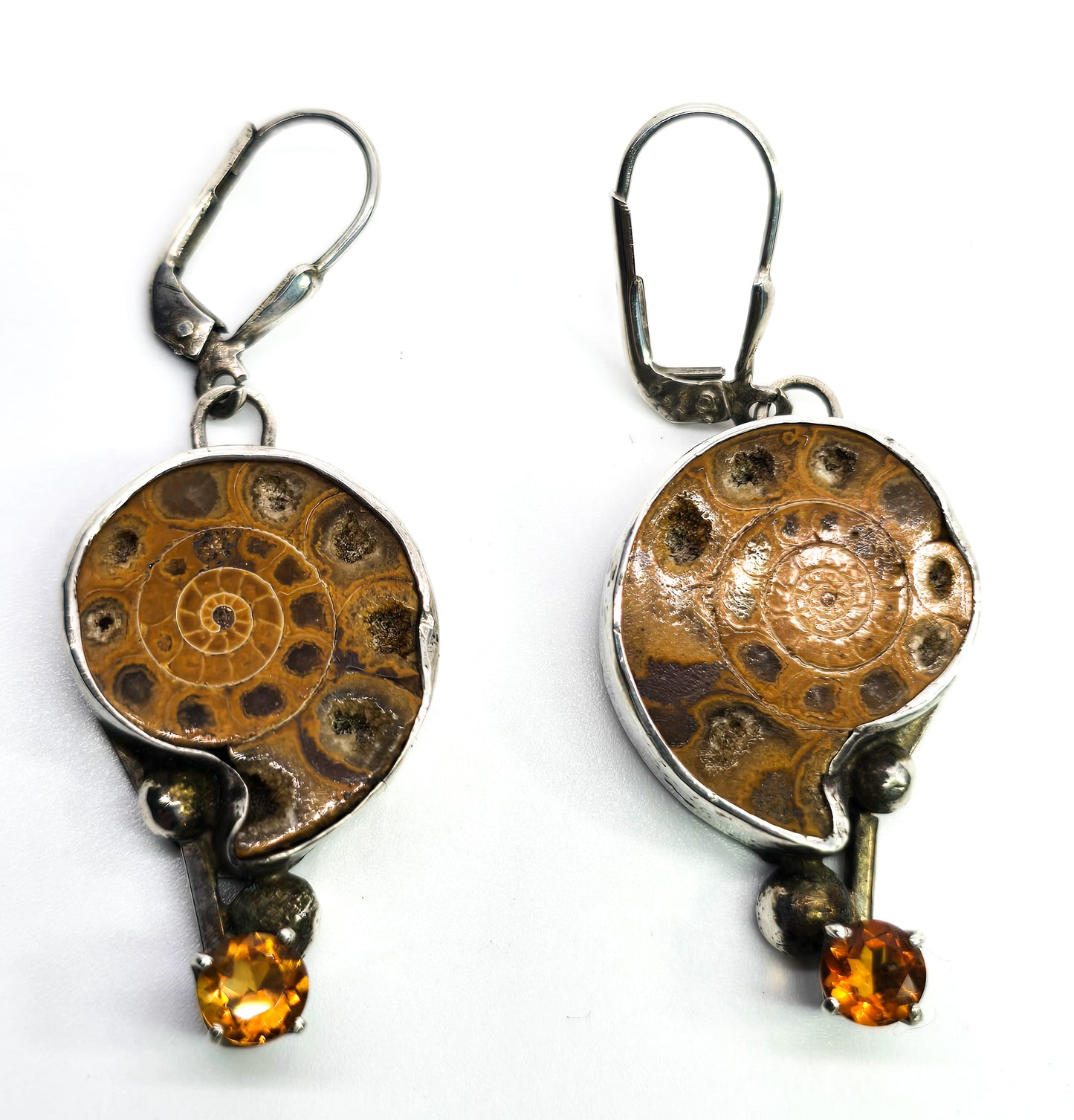 Denise Jenkins Earring Girl signed artisan ammonite orange quartz sterling silver earrings