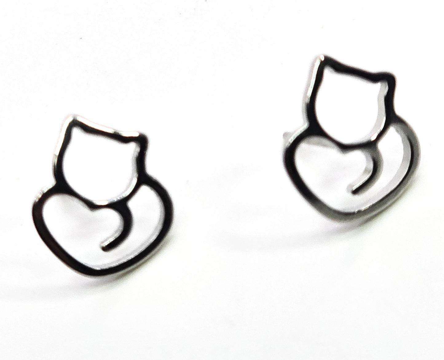 Kitty heart silver plated open work framed cat tail post earrings