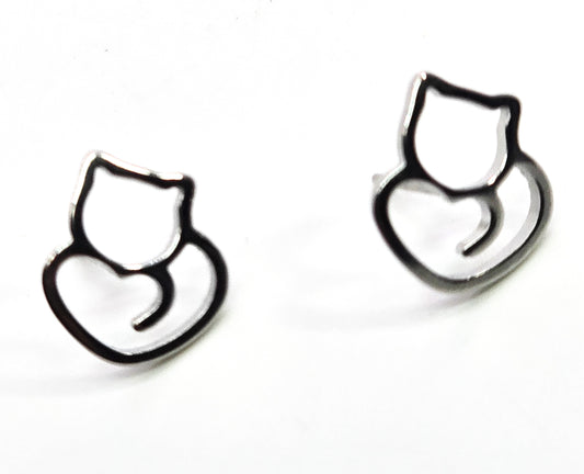 Kitty heart silver plated open work framed cat tail post earrings