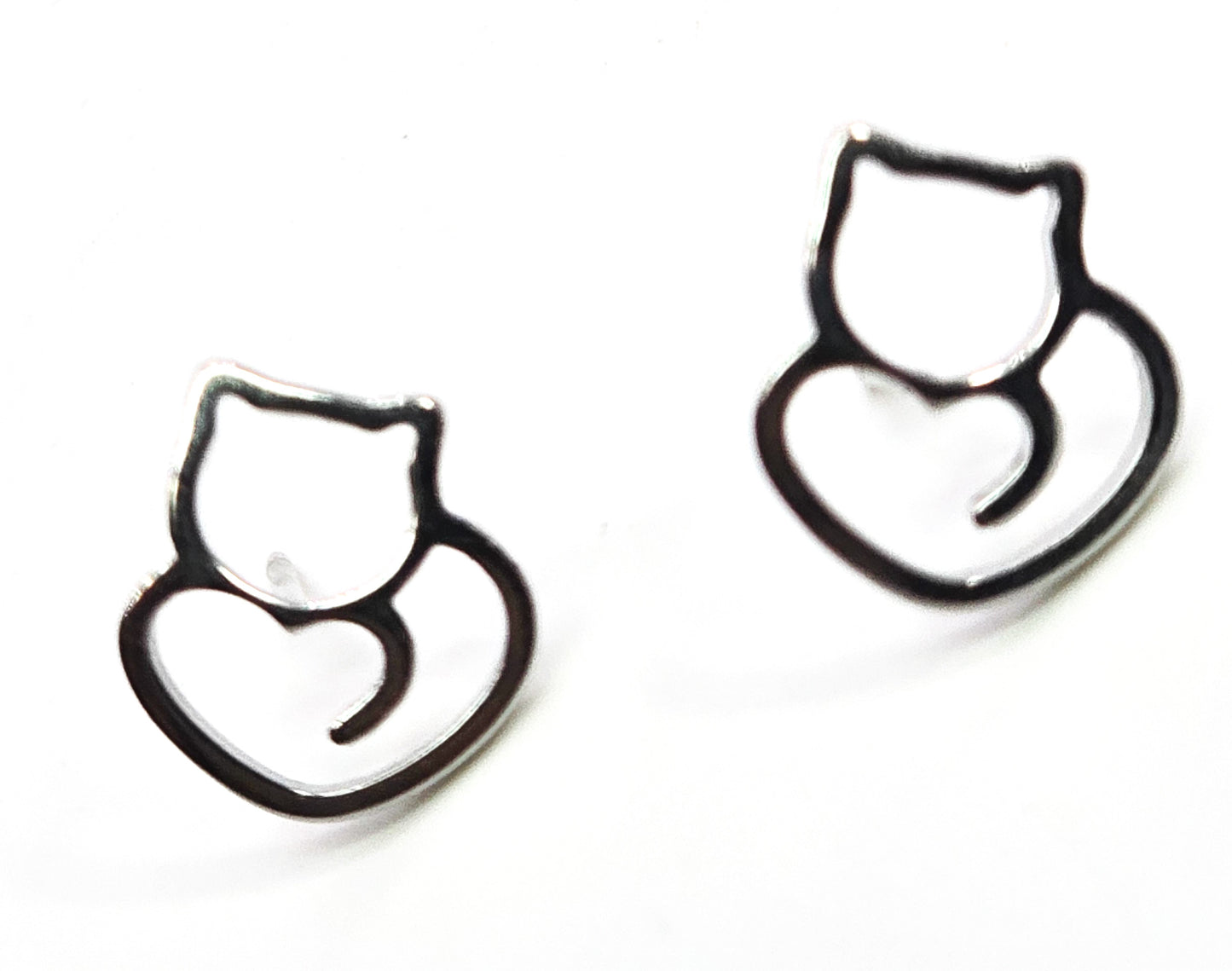 Kitty heart silver plated open work framed cat tail post earrings