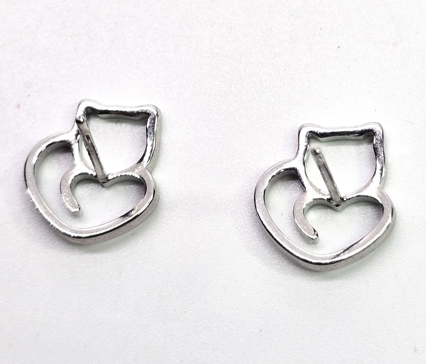 Kitty heart silver plated open work framed cat tail post earrings