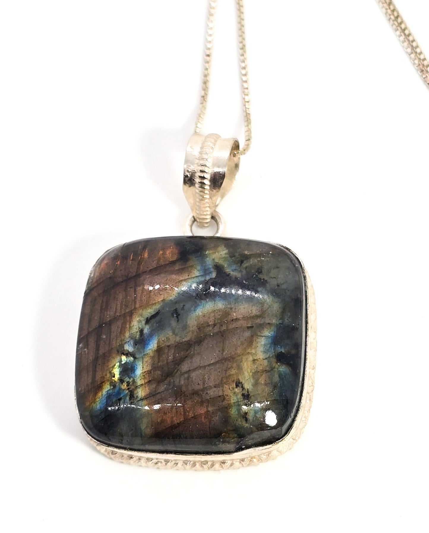 Labradorite large flashy gemstone sterling silver pendant necklace