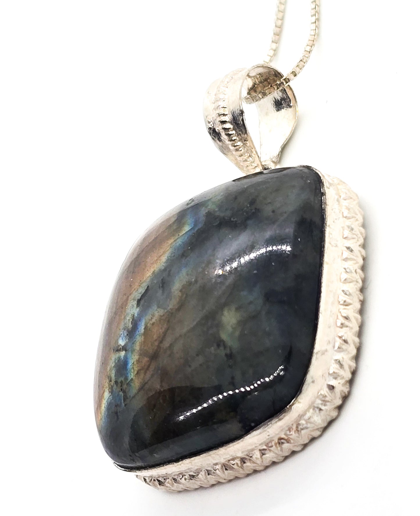 Labradorite large flashy gemstone sterling silver pendant necklace