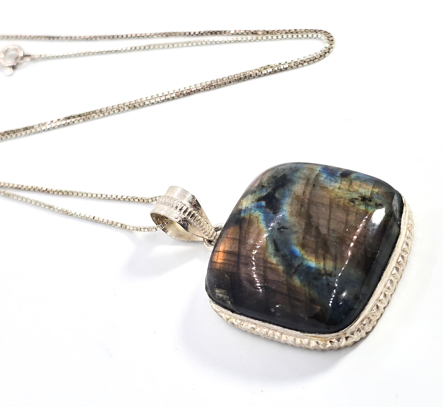 Labradorite large flashy gemstone sterling silver pendant necklace