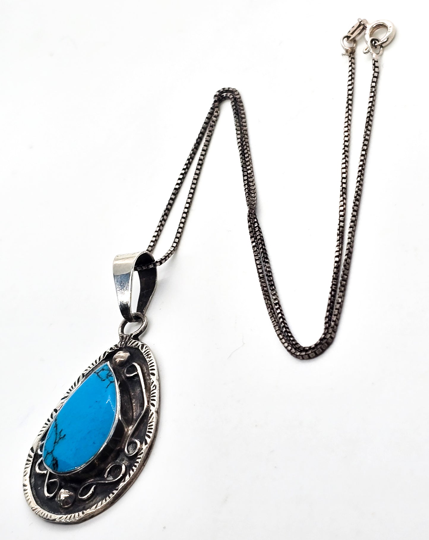 Turquoise large sterling silver Southwestern artisan crafted stamped pendant necklace
