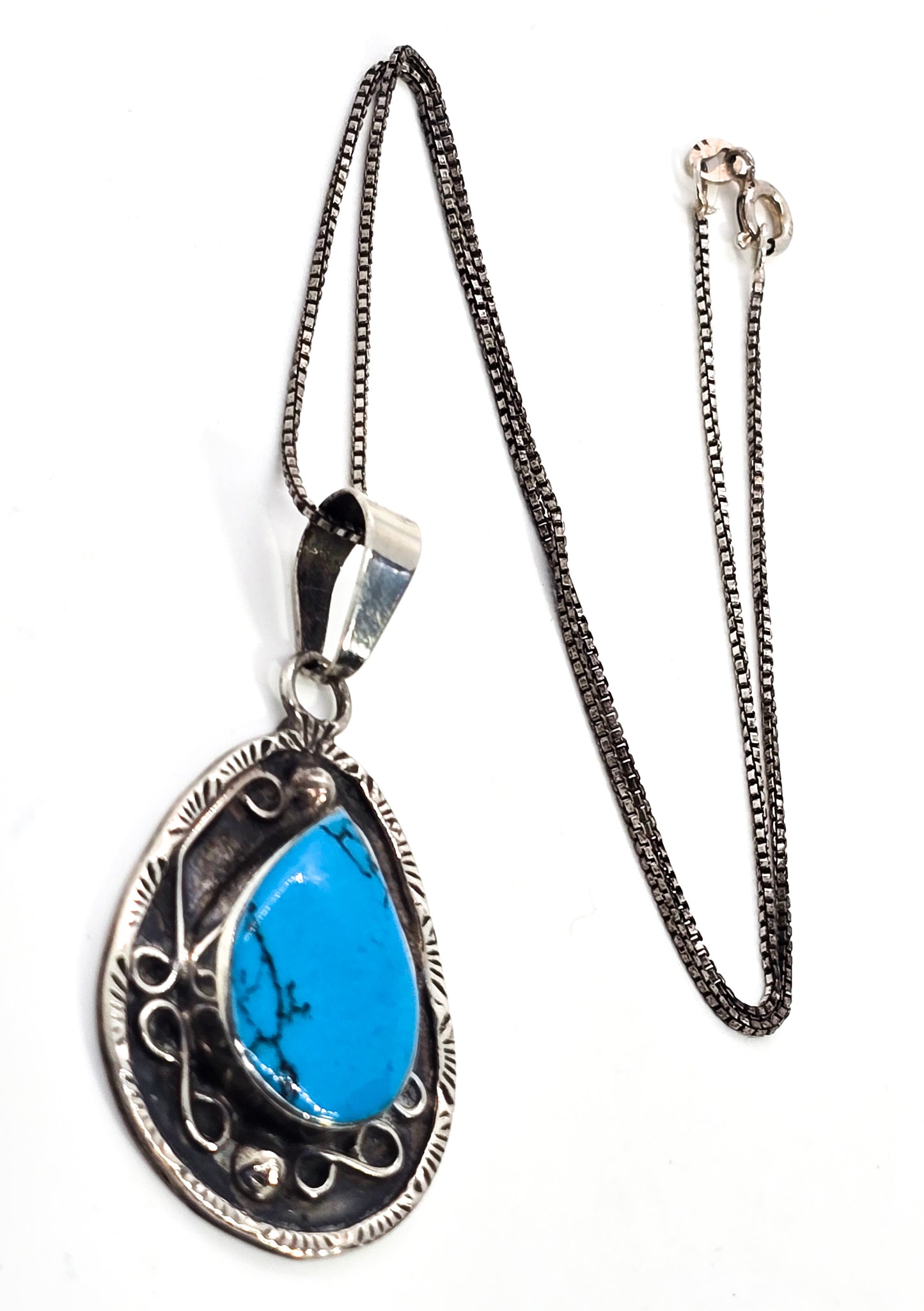 Turquoise large sterling silver Southwestern artisan crafted stamped pendant necklace