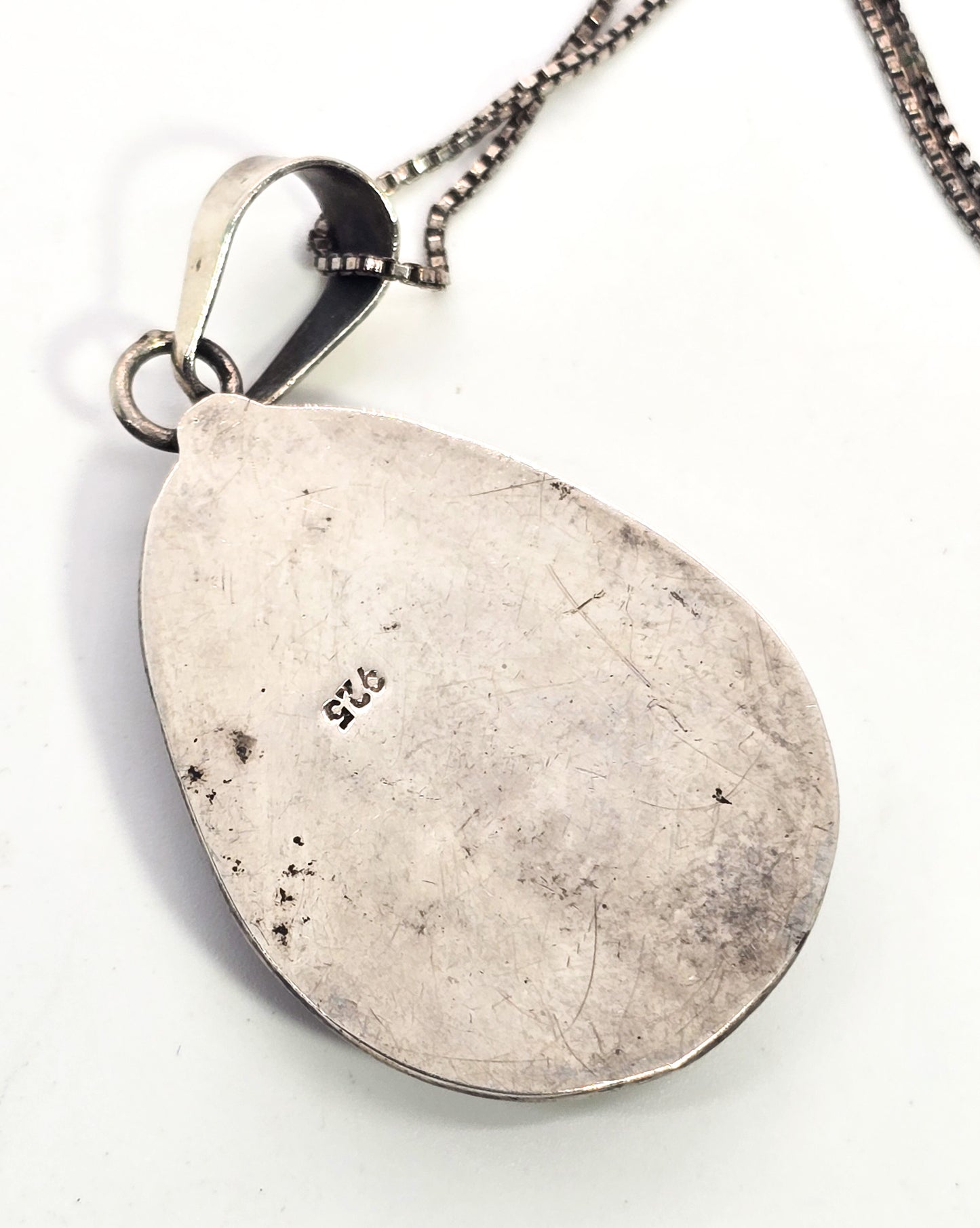 Turquoise large sterling silver Southwestern artisan crafted stamped pendant necklace