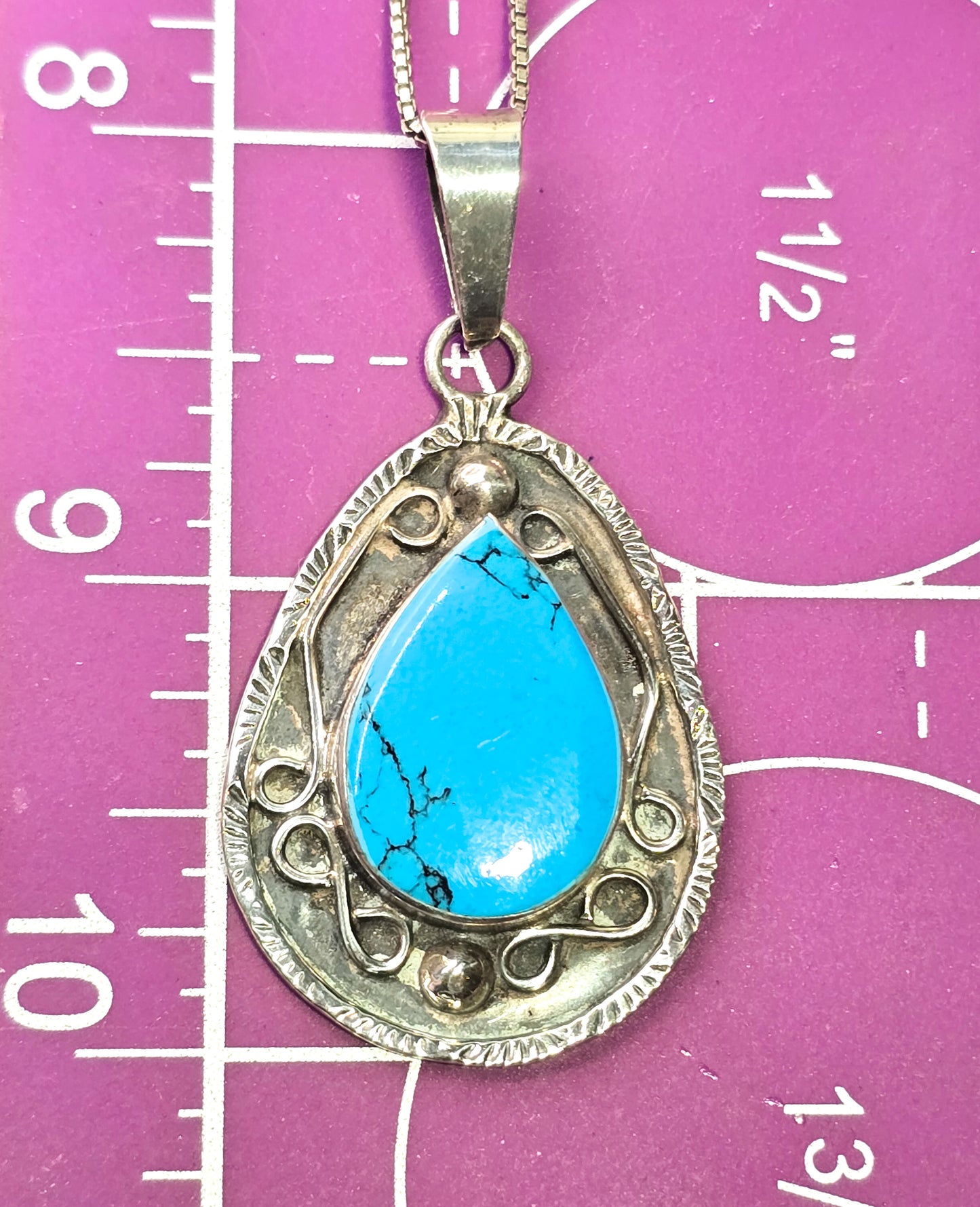 Turquoise large sterling silver Southwestern artisan crafted stamped pendant necklace