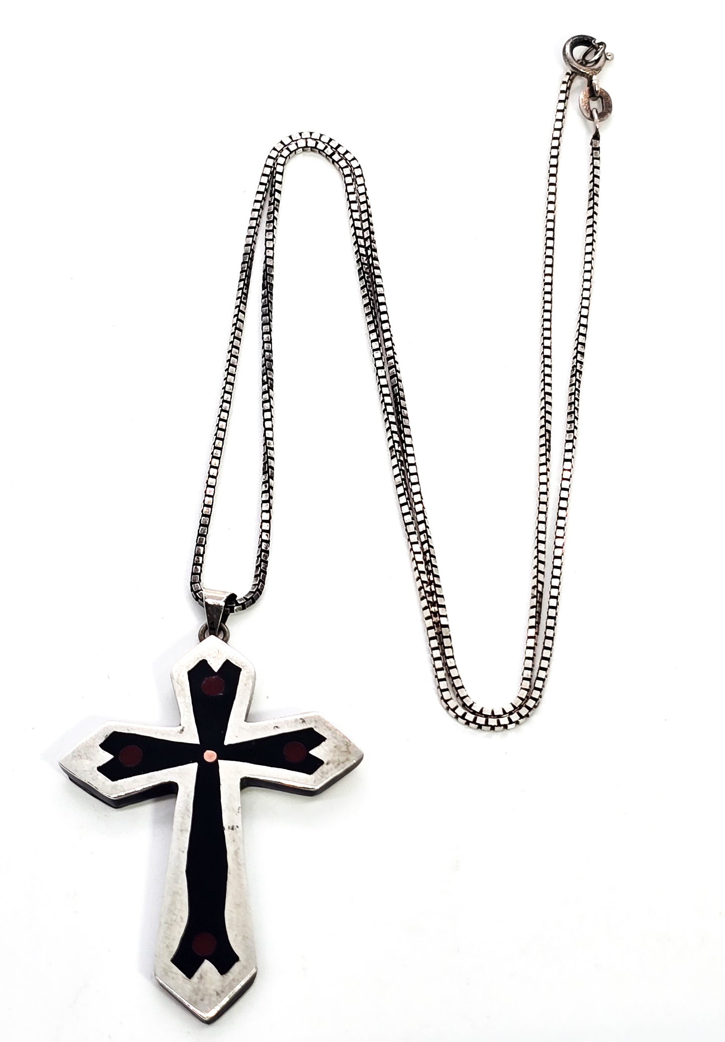 RMM Taxco Mexico inlay black and red vintage sterling silver cross pendant necklace