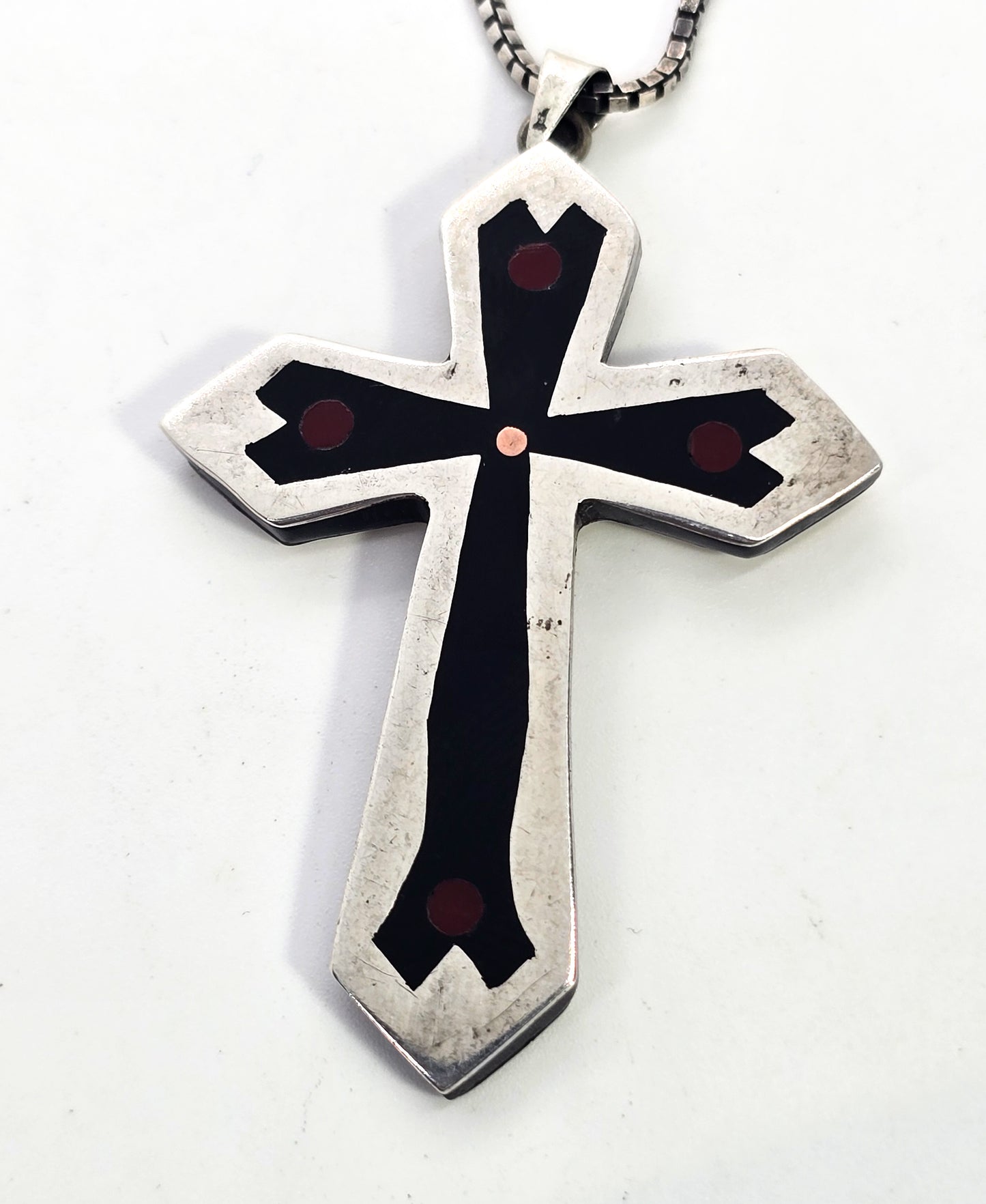 RMM Taxco Mexico inlay black and red vintage sterling silver cross pendant necklace