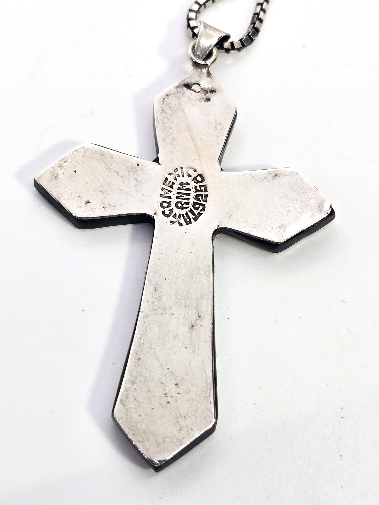RMM Taxco Mexico inlay black and red vintage sterling silver cross pendant necklace