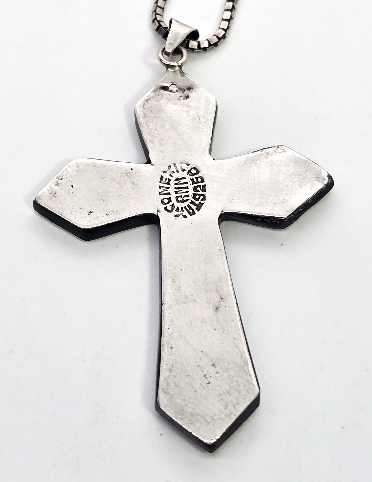 RMM Taxco Mexico inlay black and red vintage sterling silver cross pendant necklace