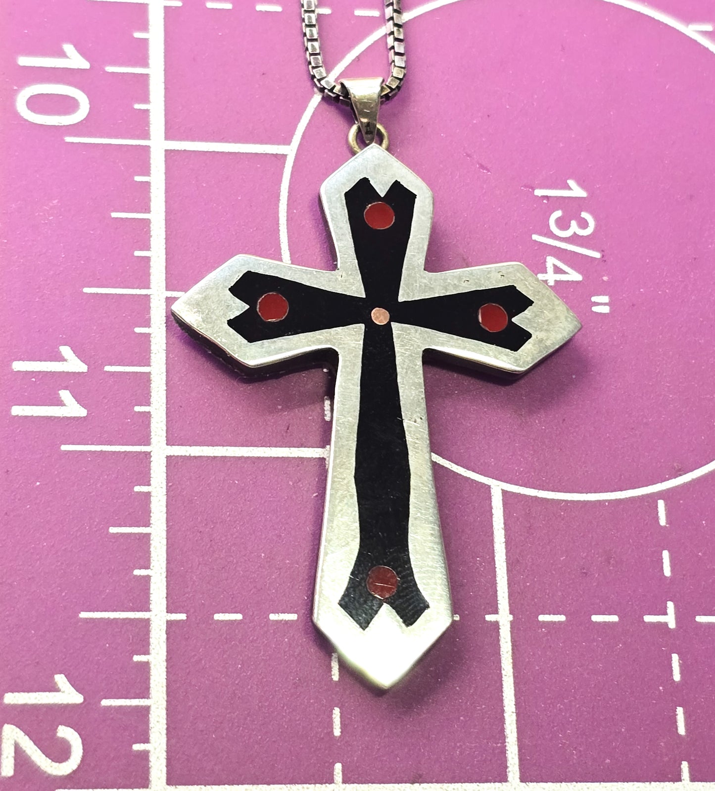 RMM Taxco Mexico inlay black and red vintage sterling silver cross pendant necklace