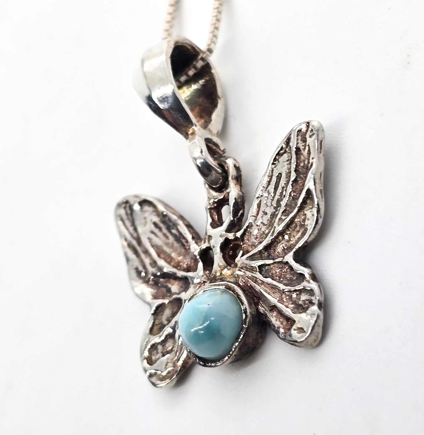 Larimar butterfly blue Dominican Republic gemstone sterling silver pendant necklace