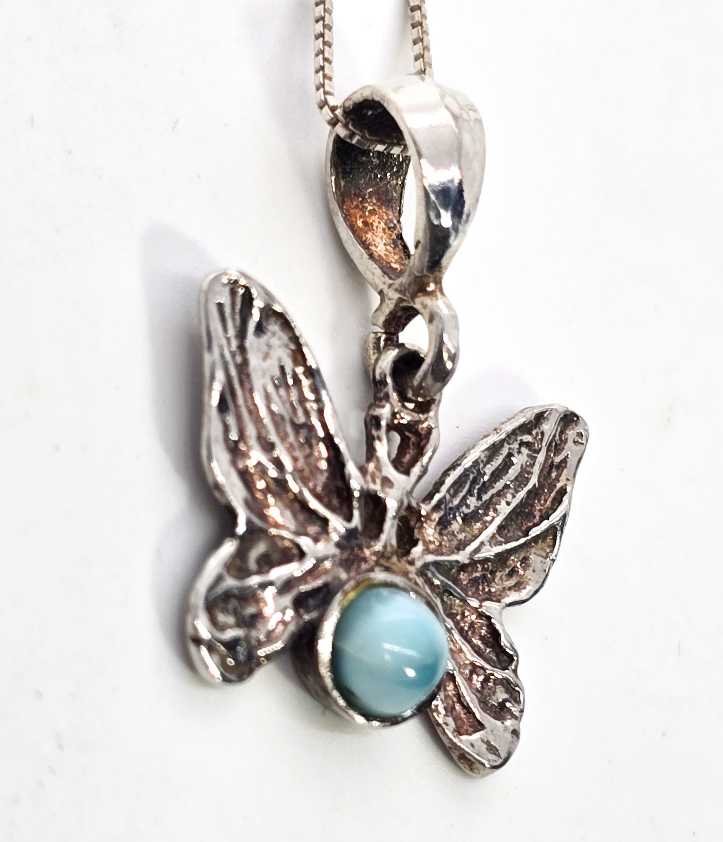 Larimar butterfly blue Dominican Republic gemstone sterling silver pendant necklace