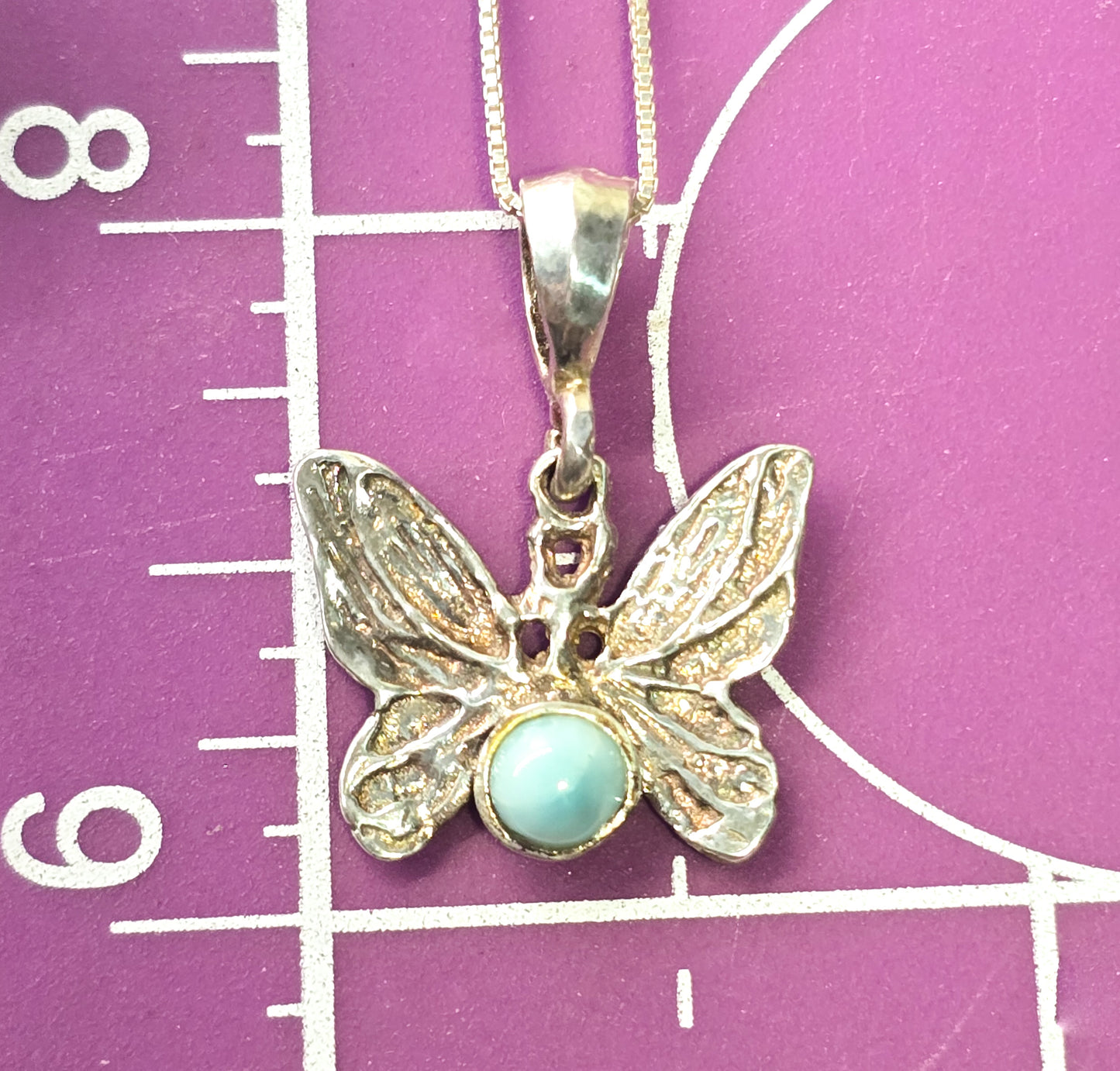 Larimar butterfly blue Dominican Republic gemstone sterling silver pendant necklace